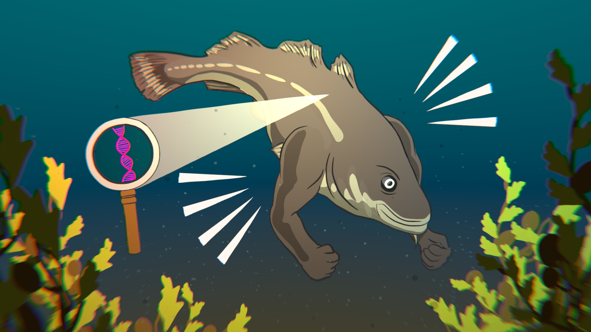 Illustration of a fish with a muscular human body, underwater, illuminated by a light revealing a DNA strand in the spotlight.