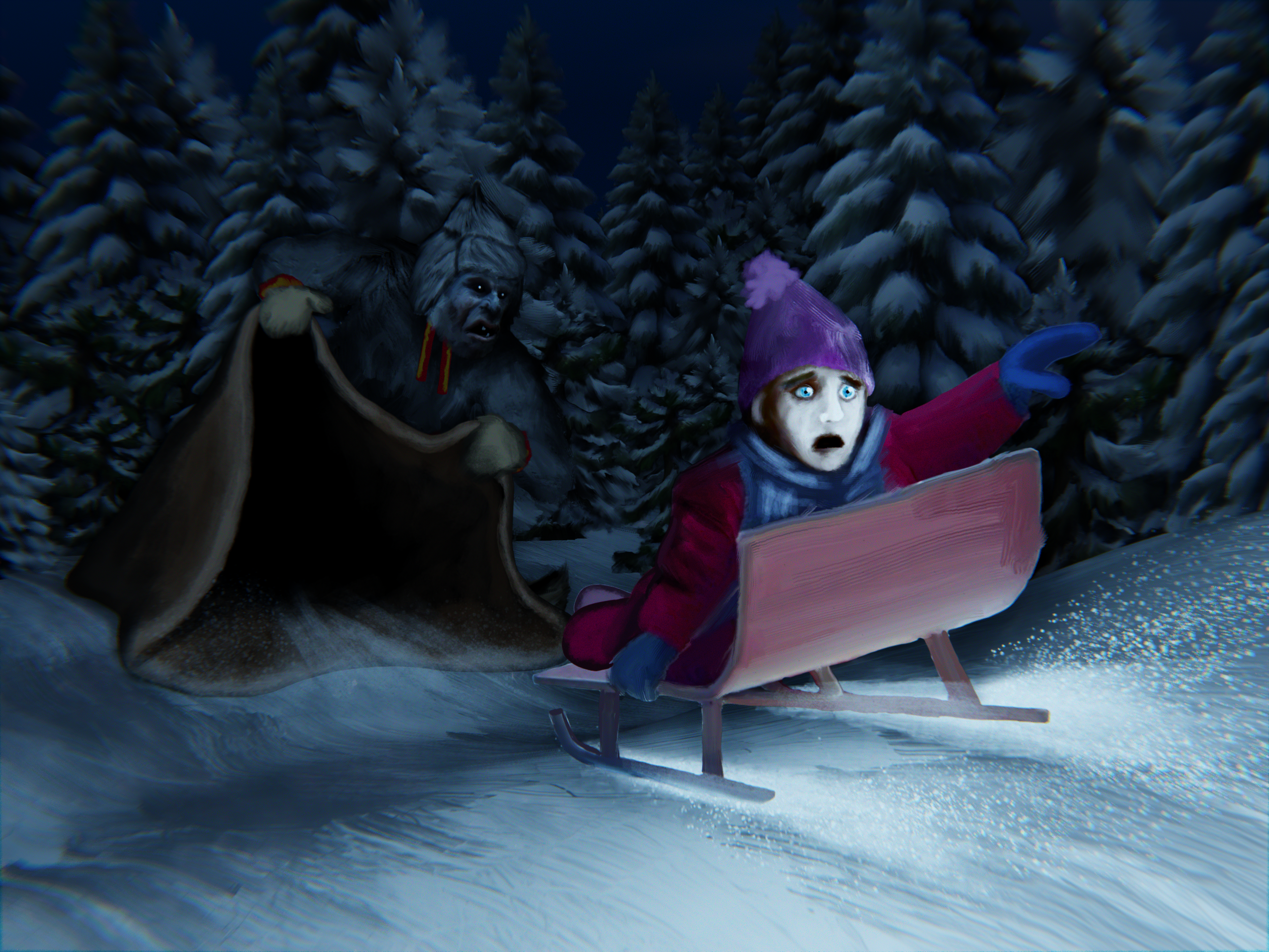 A child in a pink hat and red coat sitting on a sled in a snowy forest, with a creepy snow-covered creature with a face and claws nearby in the dark.