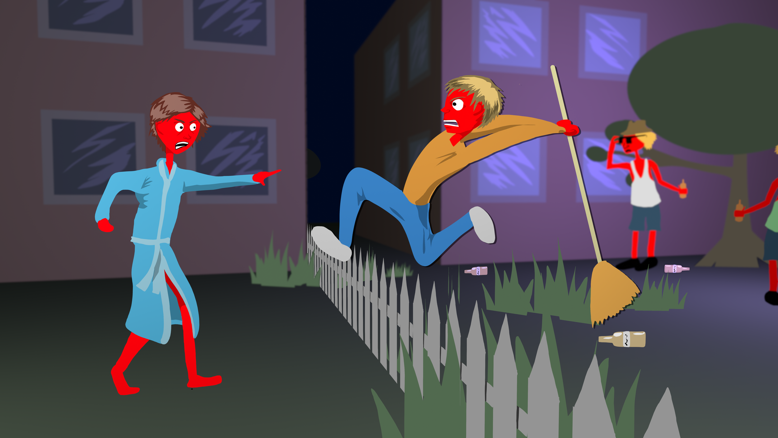 A cartoon scene of a person in pajamas arguing with a zombie in a yard at night. The zombie is mid-air, holding a broom, and looks angry. There are other figures in the background, one with sunglasses and another possibly holding a drink. The yard is