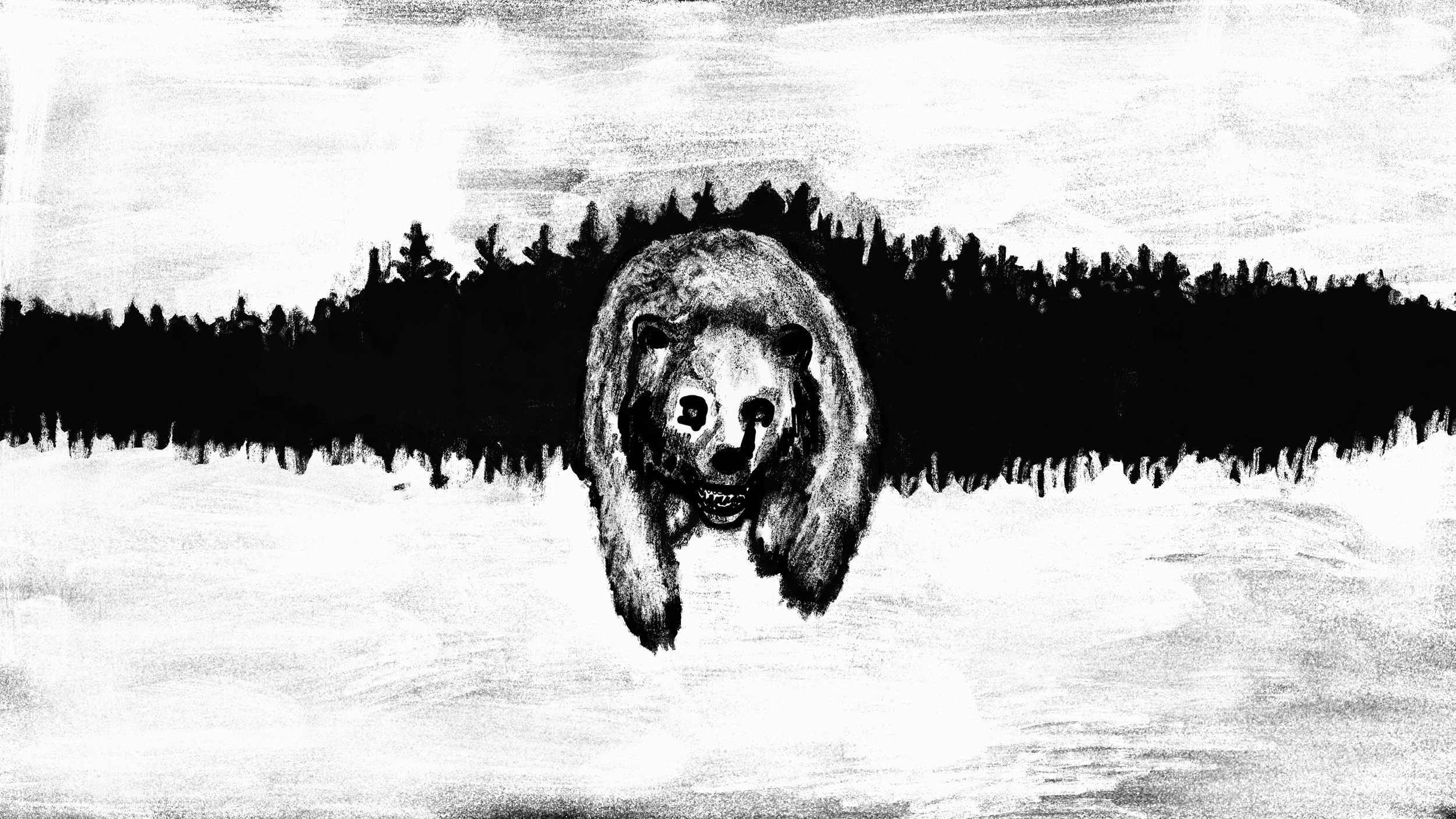Black and white drawing of a bear with a human face, walking through a snowy landscape with a forest in the background.