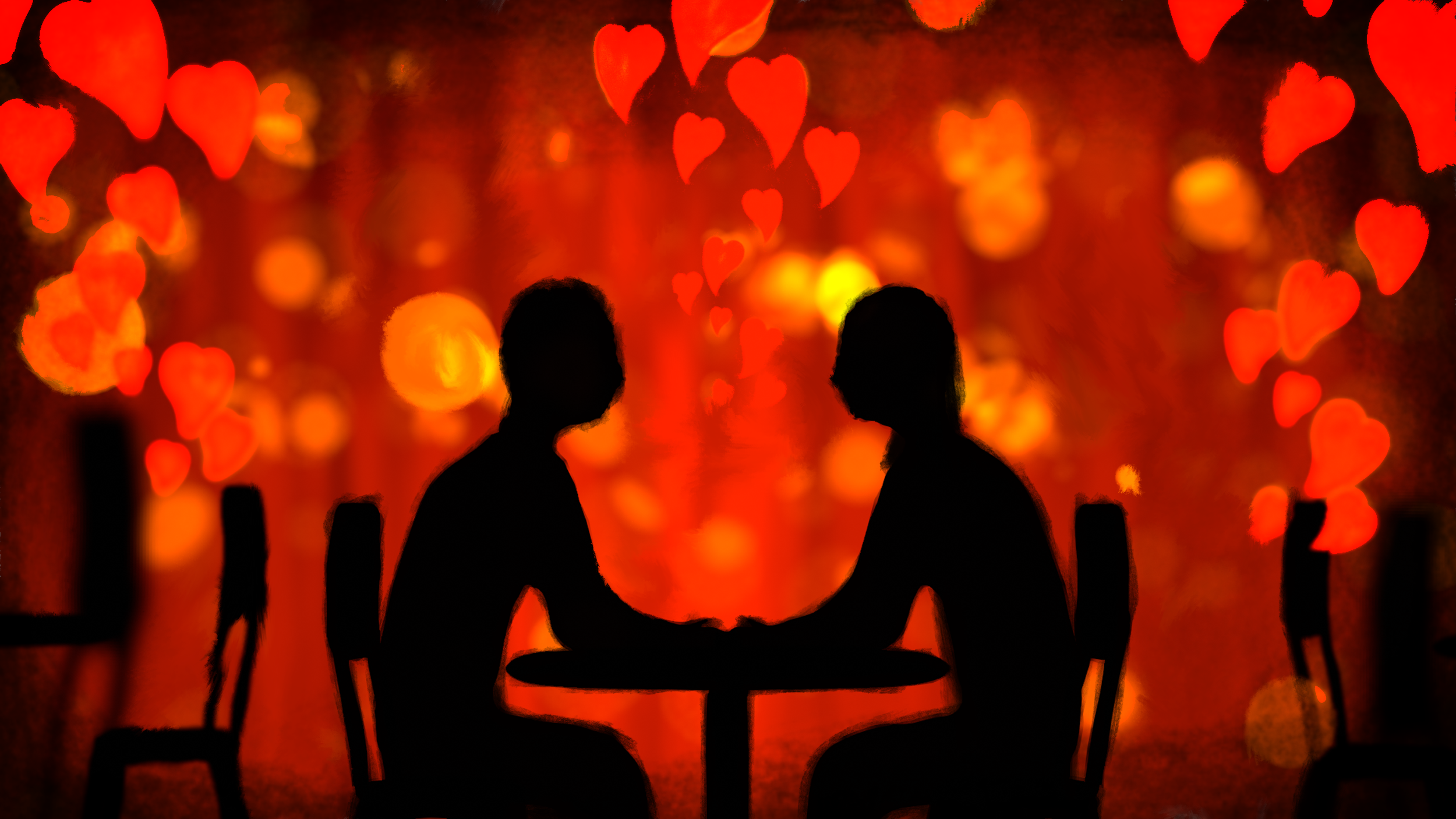 Silhouettes of two people sitting at a table, holding hands, with a background of blurred red and orange heart-shaped lights.