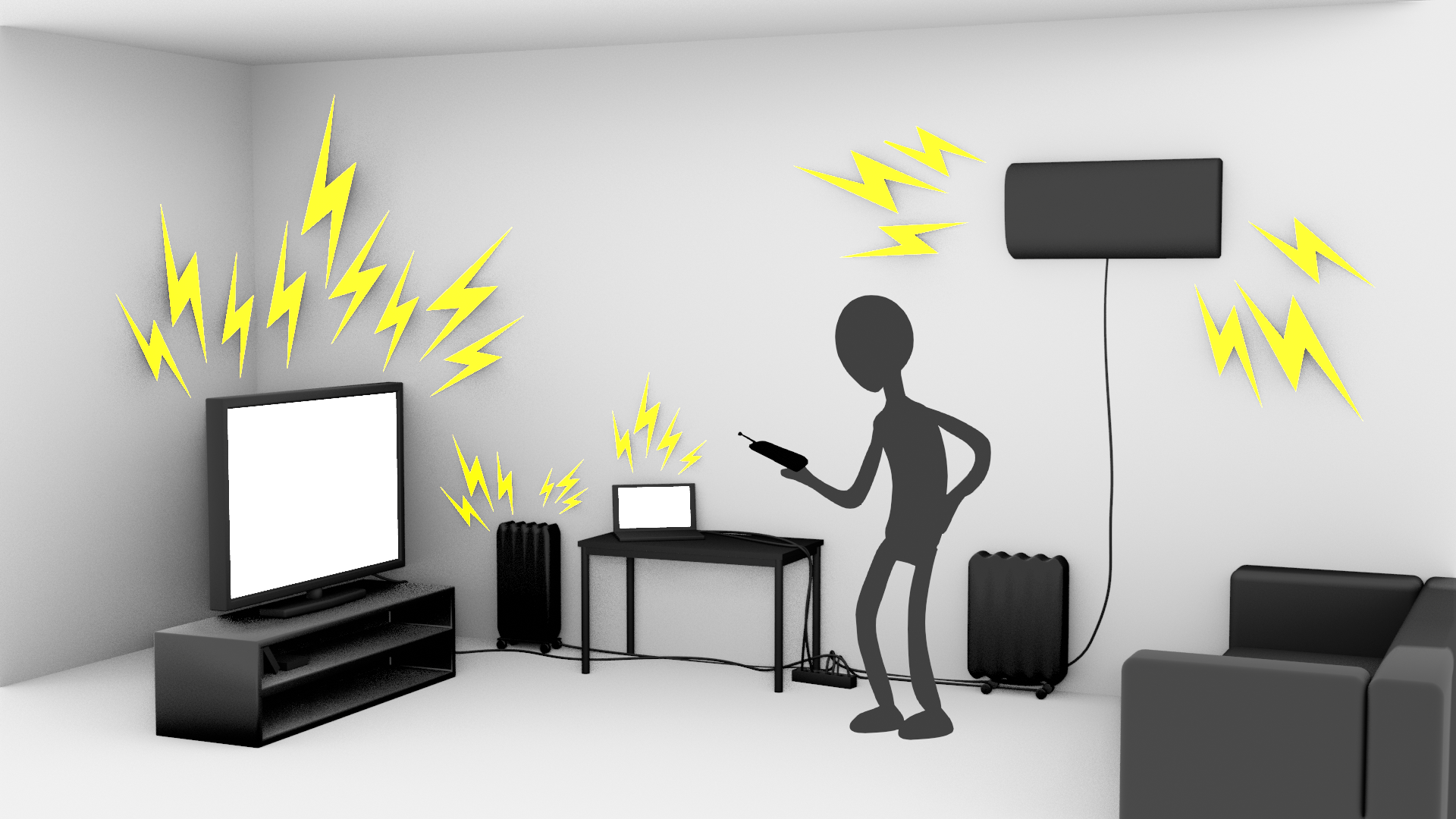 A simplified illustration of a person in a living room environment with yellow lightning bolt symbols coming from multiple electronic devices including a television, a laptop, an energy-saving heater, and a wall-mounted speaker, indicating electrical