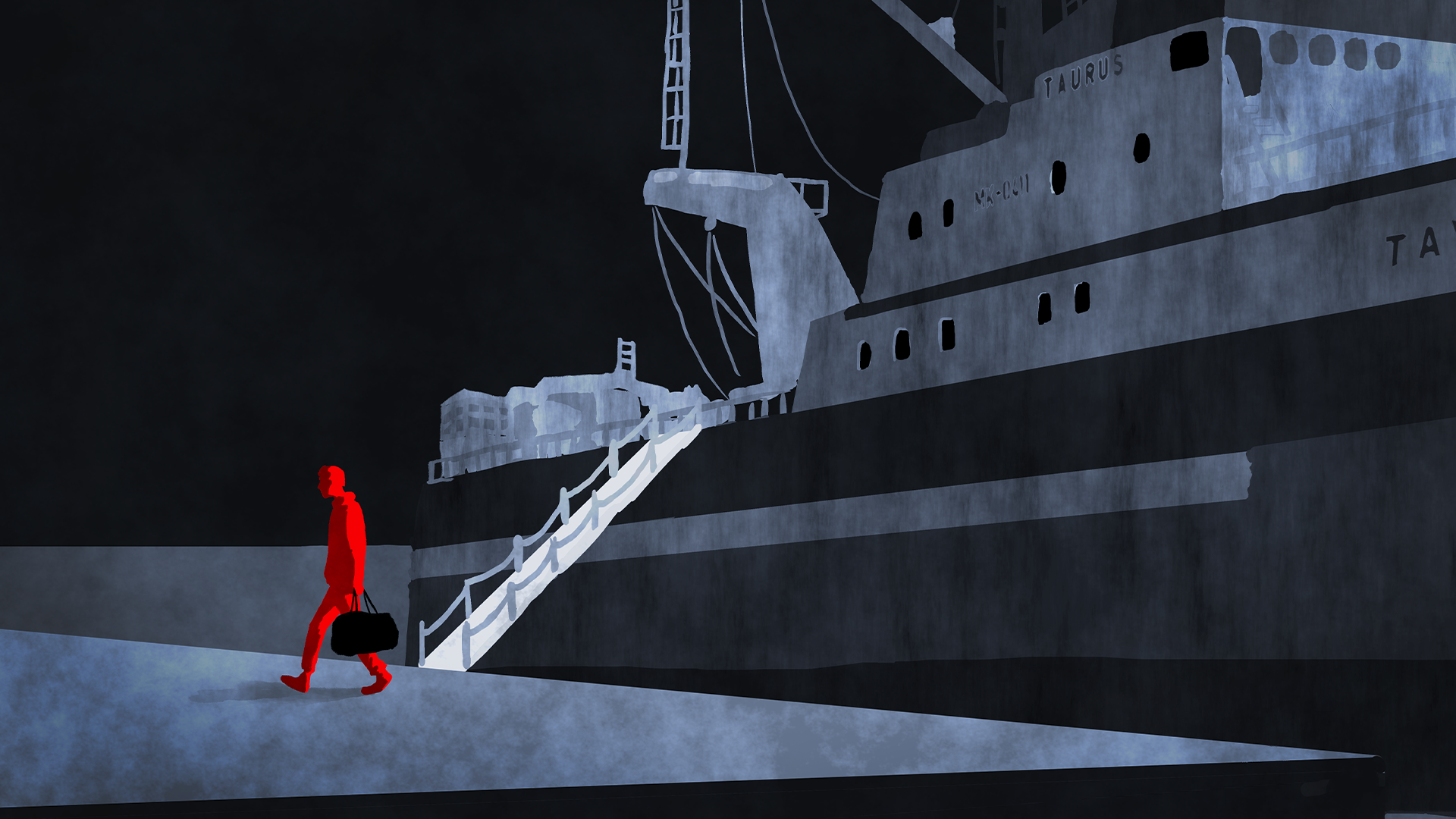 A person dressed in red walking past a large ship, possibly a cruise or cargo ship, docked at a port under a dark sky. The person carries a bag.