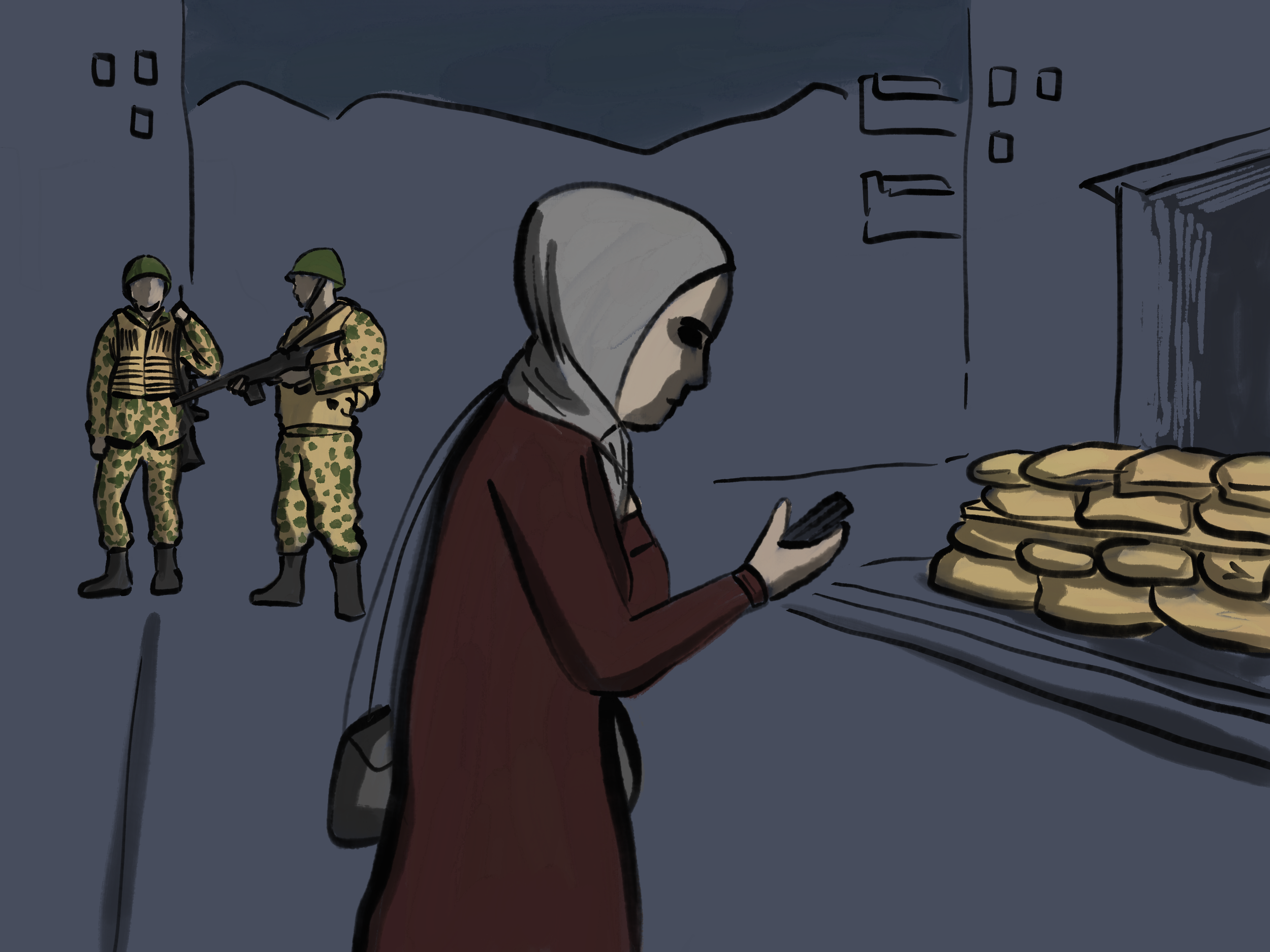 Two soldiers in camouflage uniforms and helmets stand guard while a woman in a hijab uses her phone near a pile of gold bars under a dark, cloudy sky.