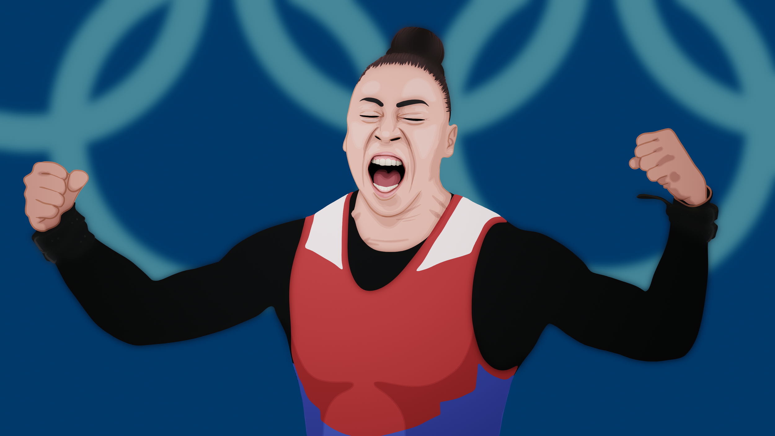 Woman with dark hair in a bun, wearing a red and black sports outfit, celebrating with clenched fists and open mouth, on a blue background with abstract shapes.