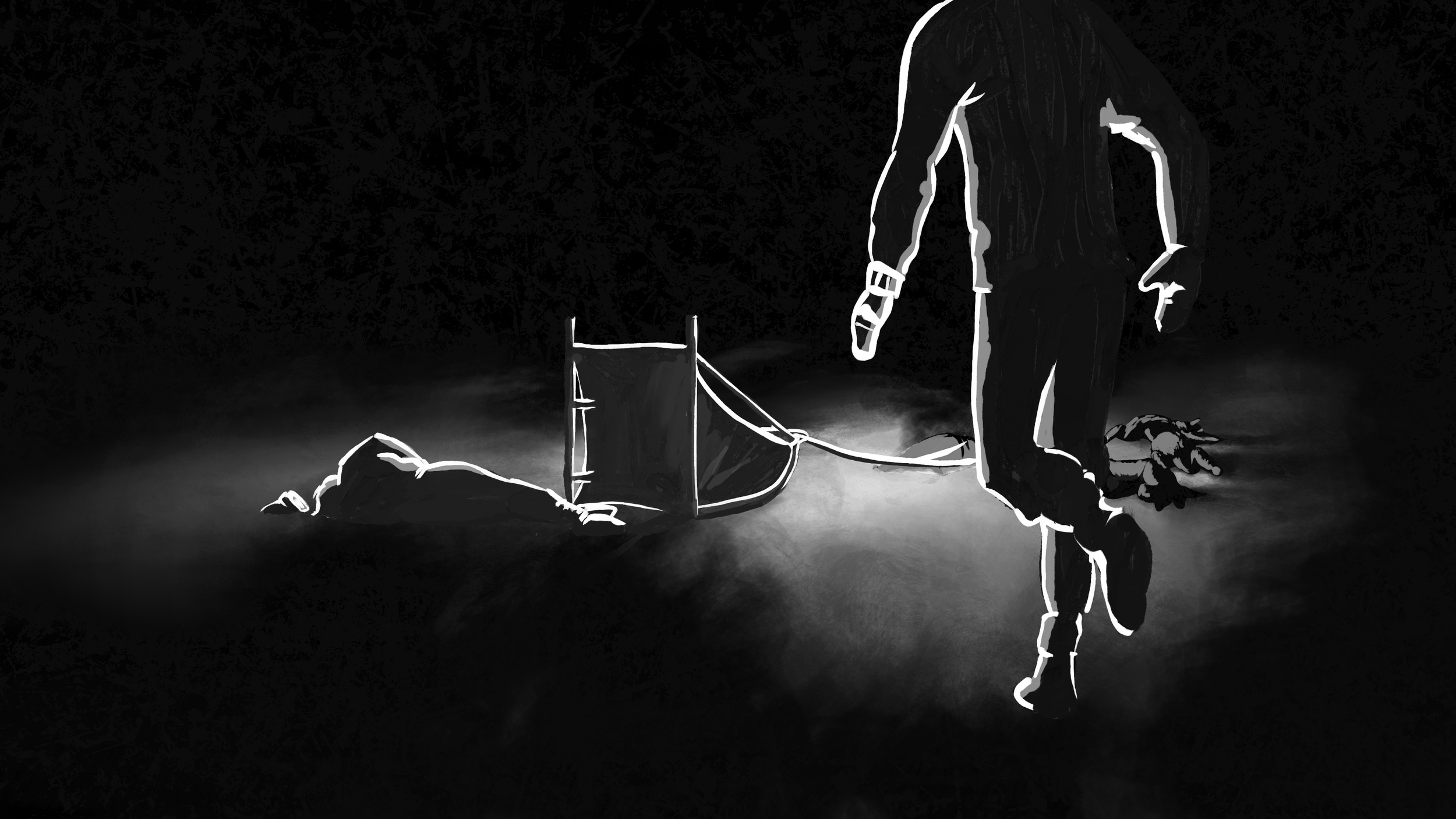 Black and white illustration of a person kneeling on the ground with their head down, surrounded by a chain, with another person standing with their head bowed and hands loosely at their sides, in a dark environment.
