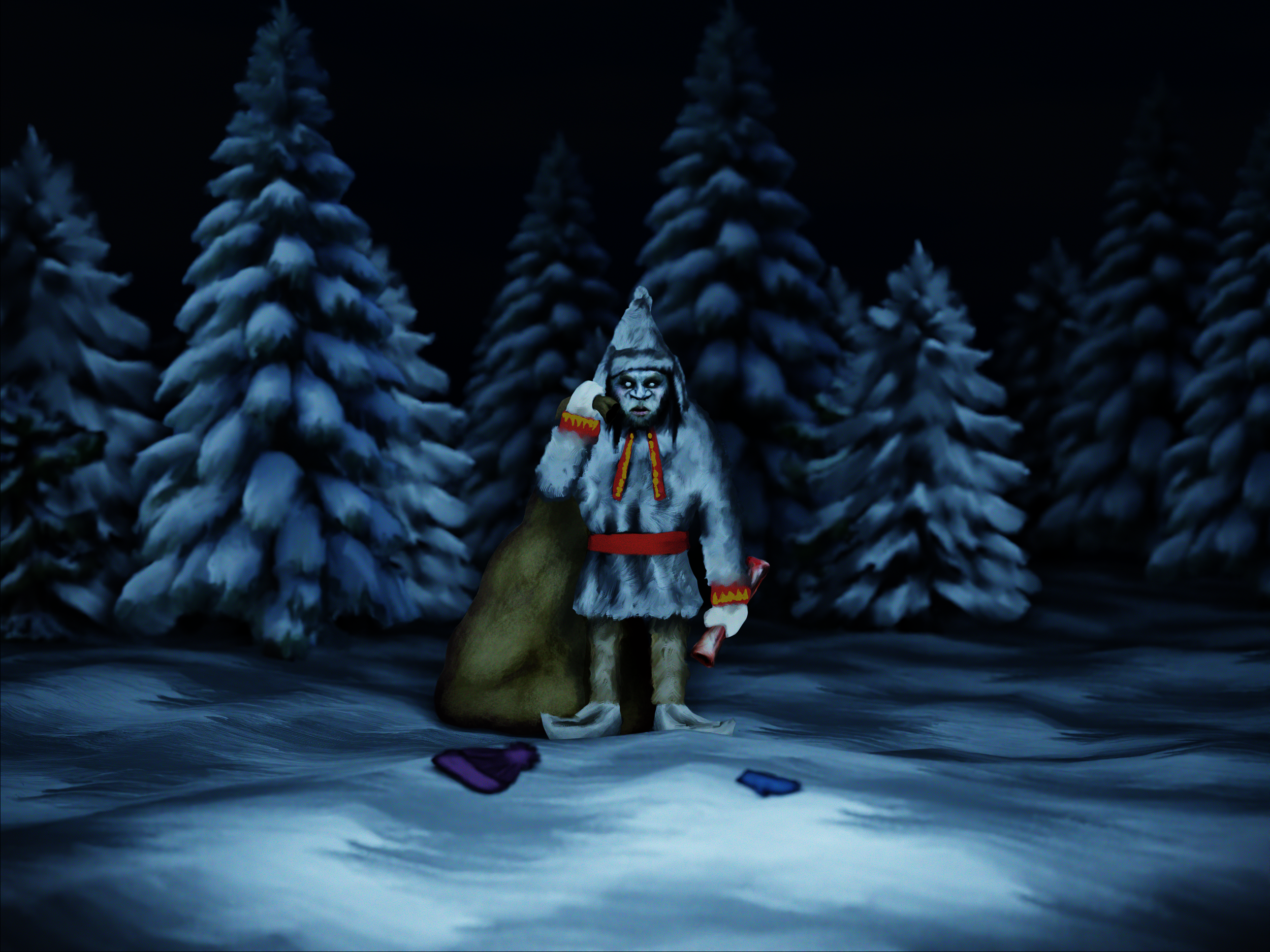 A theatrical scene featuring a person dressed as a Native American in a white and brown costume with red and yellow accents, standing on a stage with snow-like material and surrounded by snowy trees at night.
