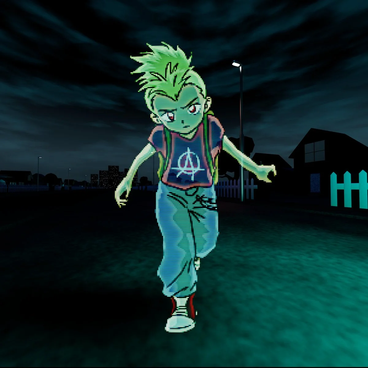 Digital illustration of a teenage boy with spiky hair, wearing a dark t-shirt with a symbol, jeans, and red sneakers, walking outdoors at night, with streetlights and houses in the background.