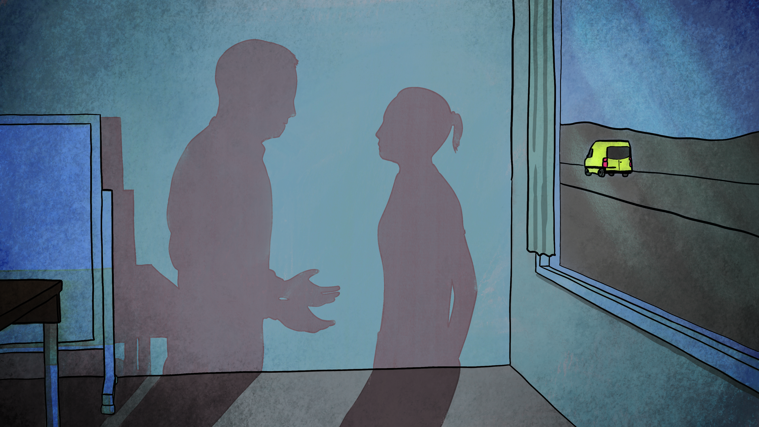 Silhouettes of a man and a woman standing close and looking at each other inside a room, viewed through a window with a landscape of mountains and a yellow vehicle outside.