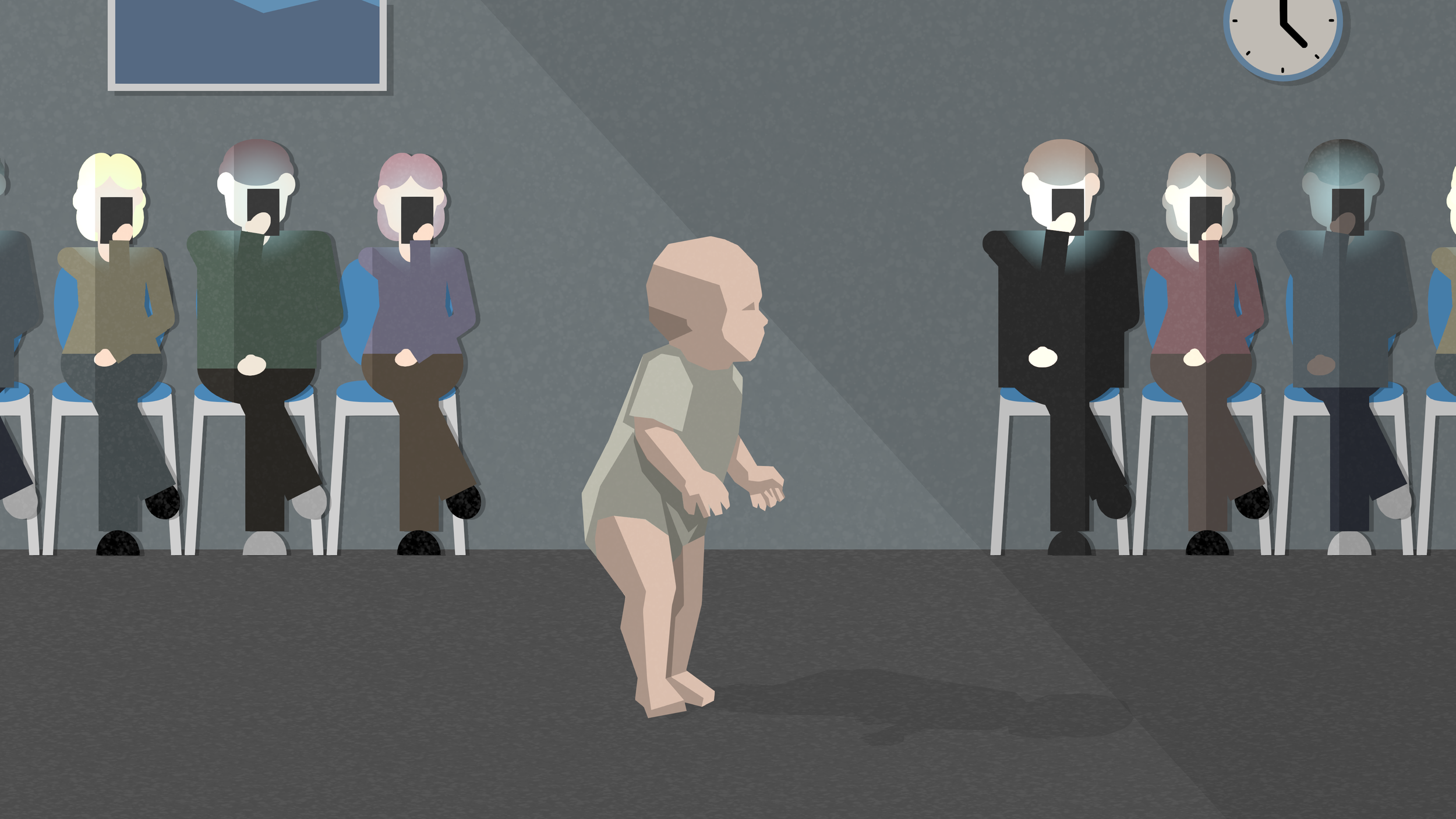 A person standing naked in front of a row of seated individuals in an indoor waiting area, with some individuals holding their phones, and a clock on the wall.