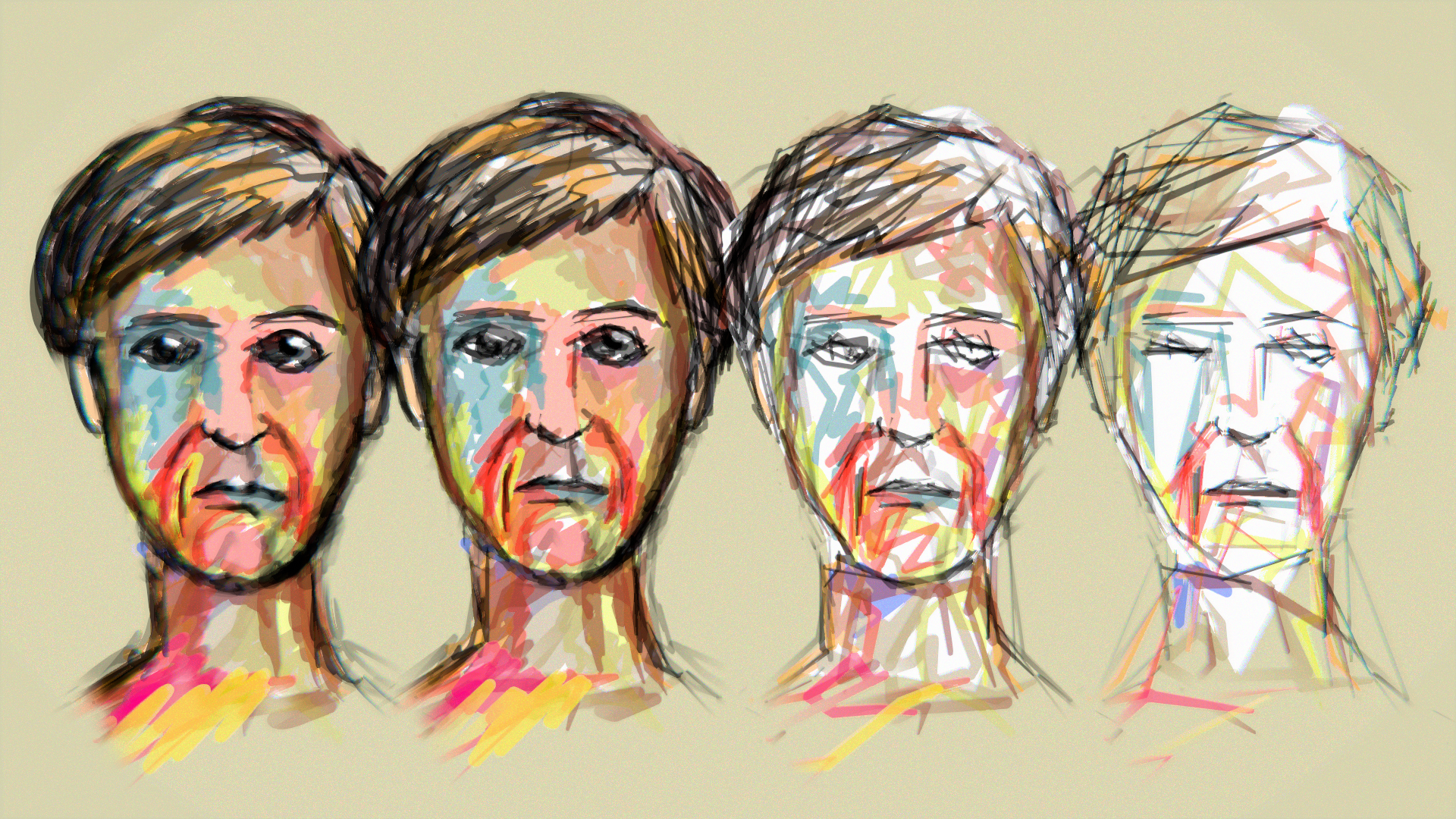 Four colorful, abstract, artistic sketches of human faces with different haircuts and expressions, placed side by side on a neutral background.