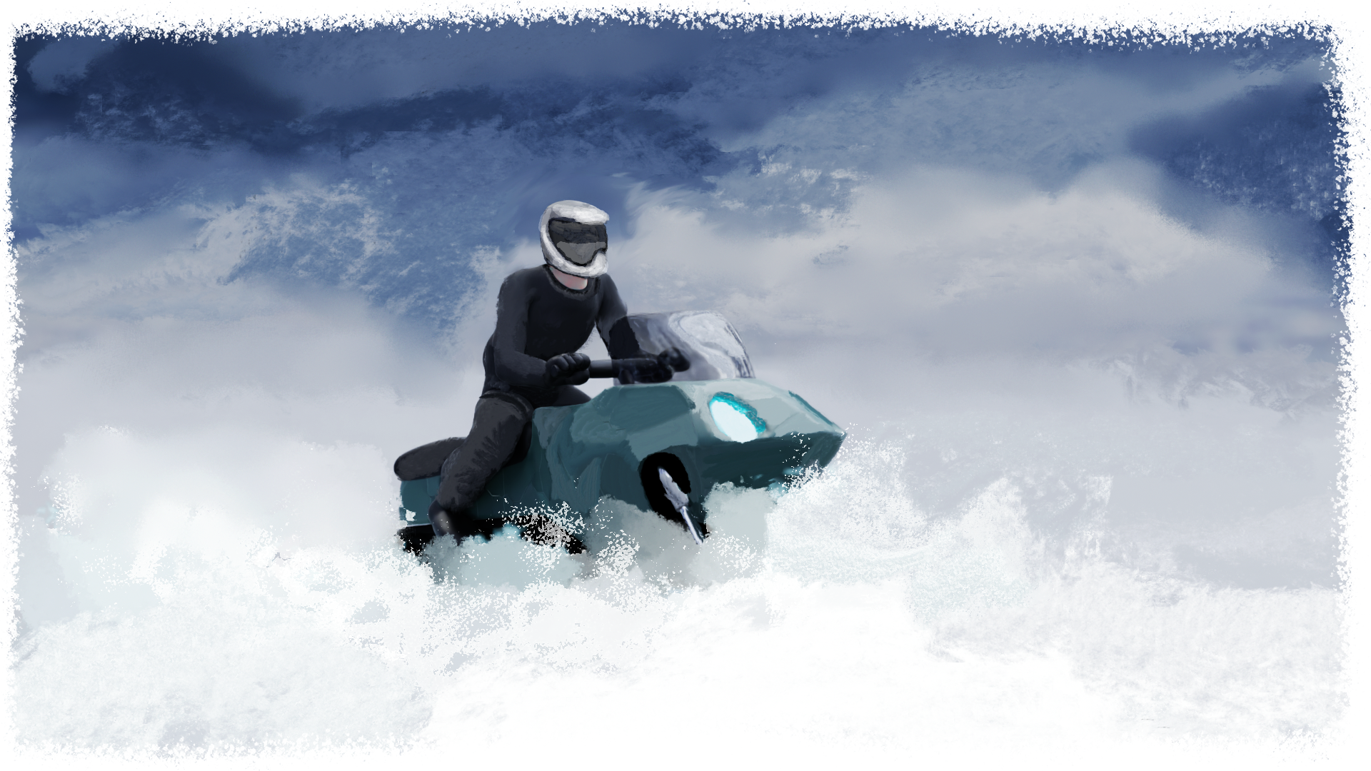Person riding a snowmobile through snowy landscape with dark cloudy sky.