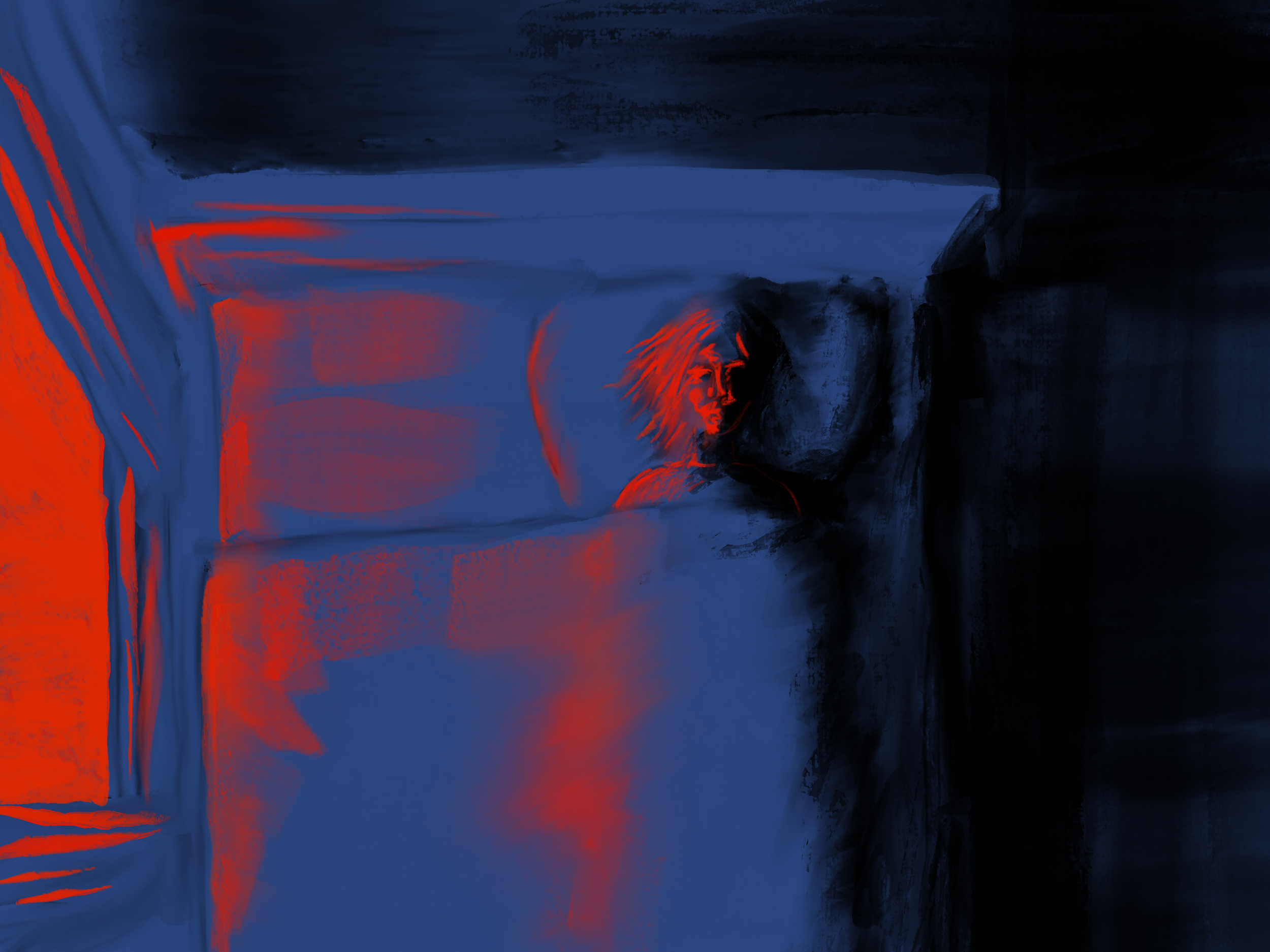 Abstract digital art with dark blue, black, red, and light blue colors, featuring swirling and streaked patterns.