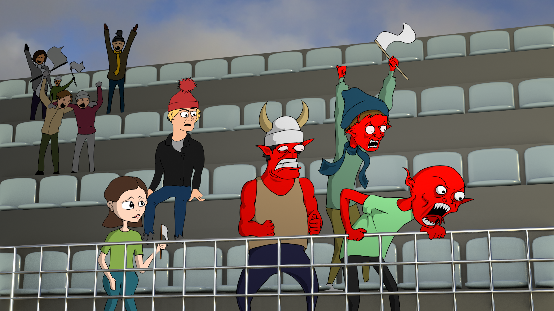 Animated scene of red-skinned, horned monsters and a girl in a green shirt in a stadium with empty seats. The monsters appear angry or aggressive, while the girl looks surprised. In the background, disappointed or upset people are cheering and one pe