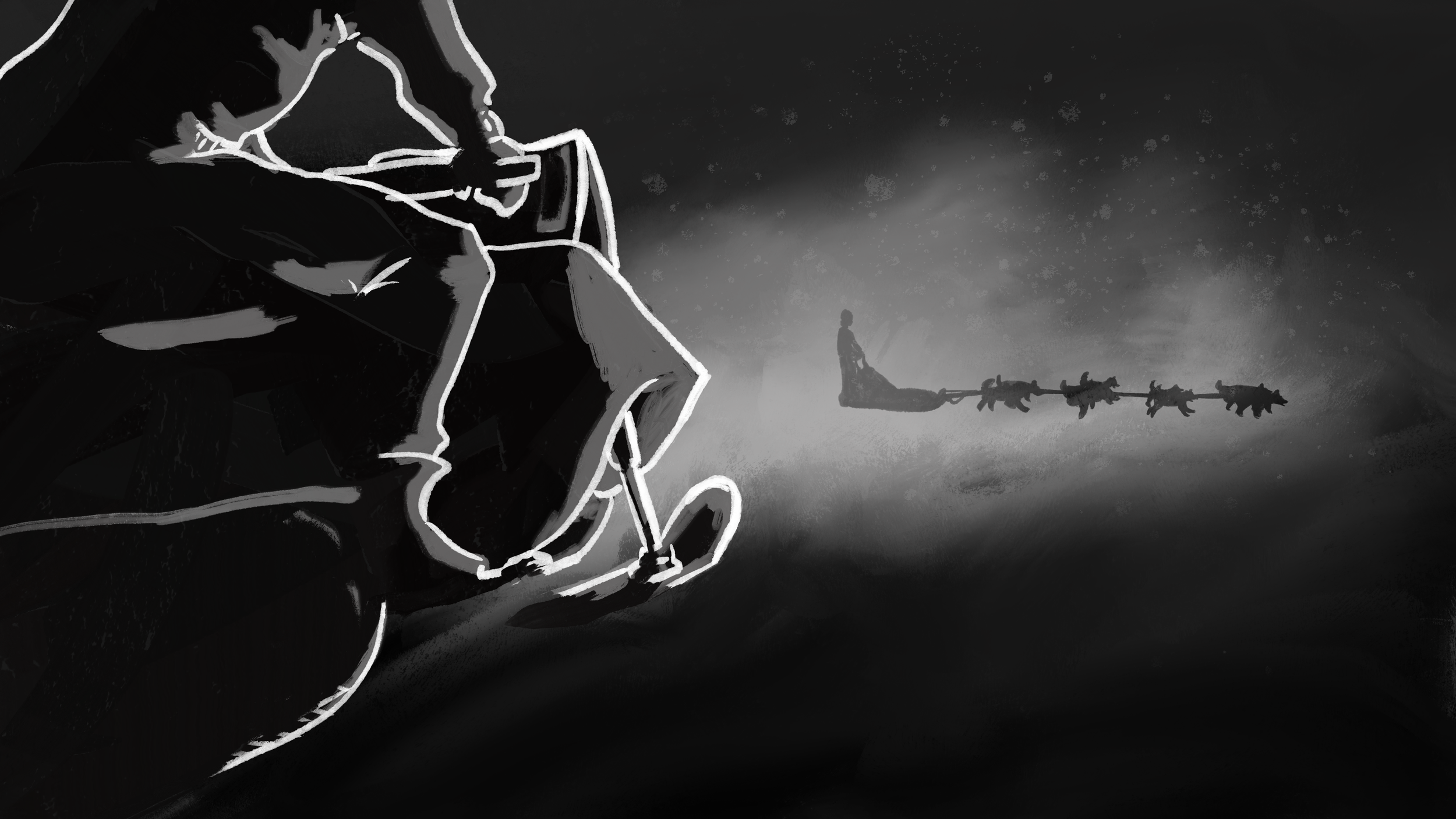 A black and white digital sketch of a person riding a bicycle with a dog in front, pulling a cart with multiple dogs attached to it, set against a dark, starry sky.