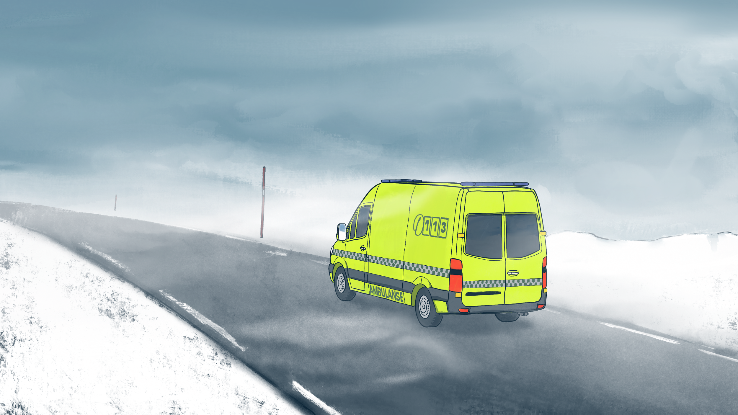 A yellow ambulance with the word 'AMBULANSE' on the back, parked on a snowy road under a cloudy sky.