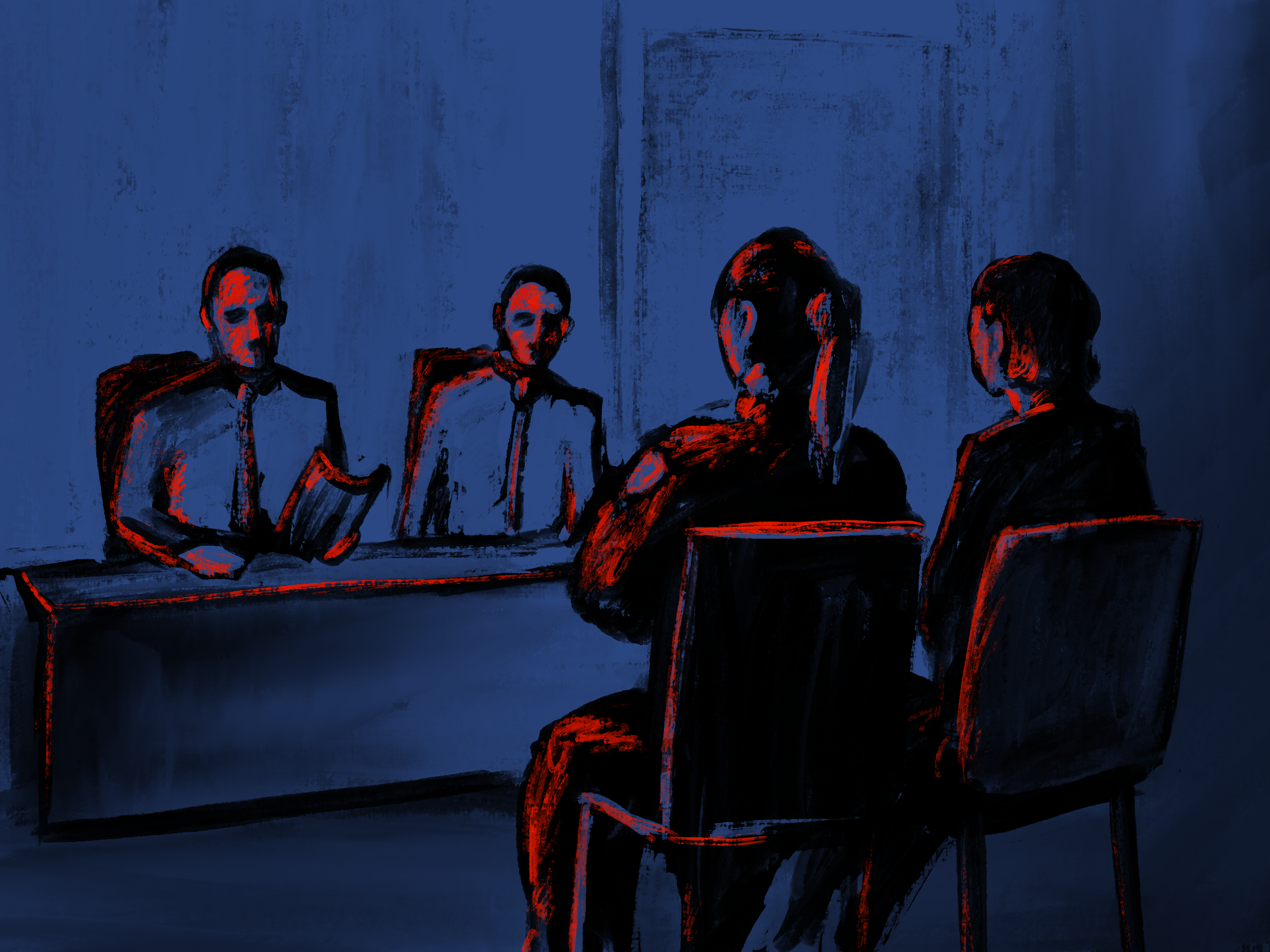 A stylized digital painting of four people sitting at a table, engaging in a discussion, with dark blue background and red highlights on their faces and bodies.