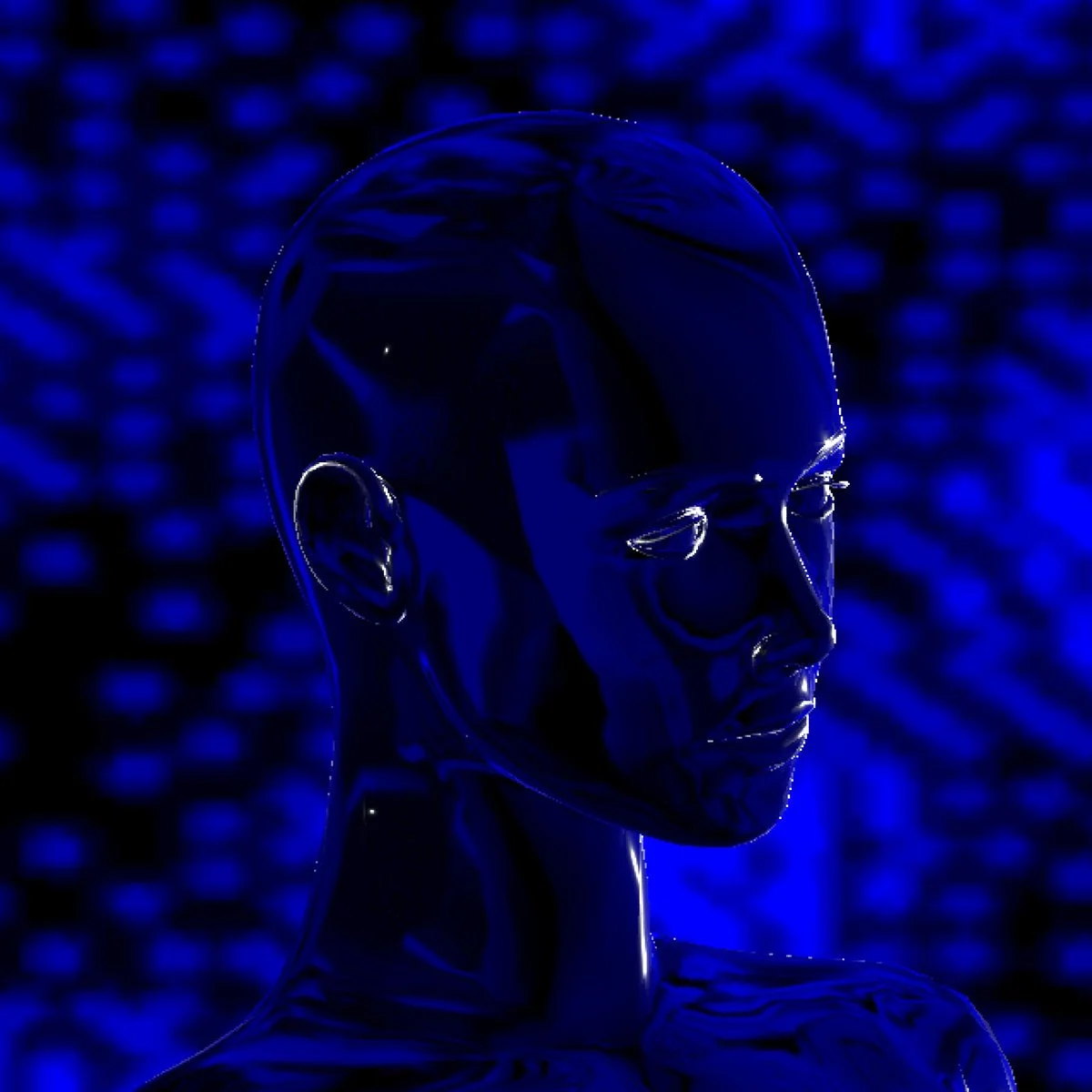 A reflective, metallic mannequin head wearing glasses, against a dark blue background with a pattern of blue lights.