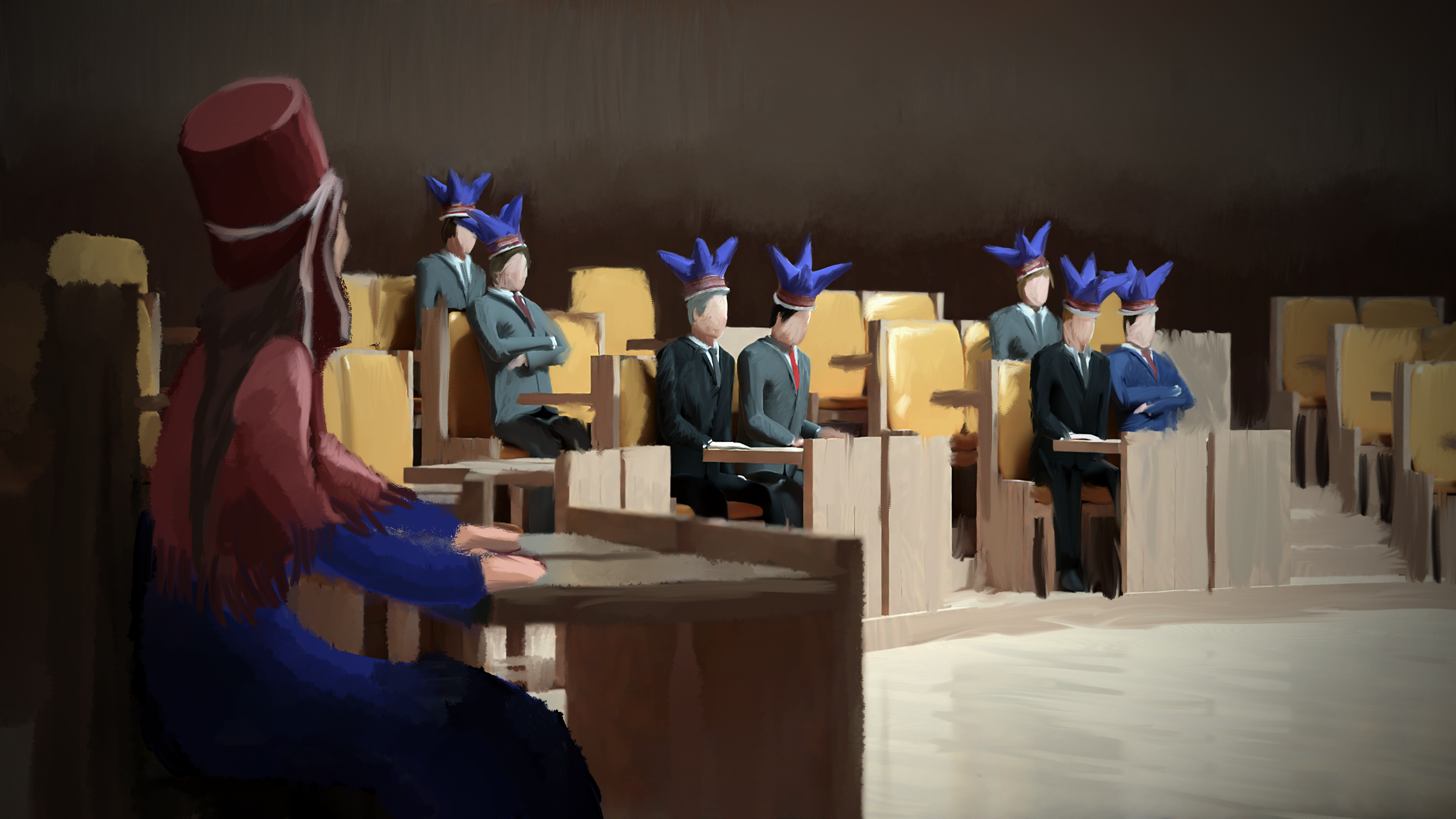 A woman in a red dress with blue details kneeling in prayer in a courtroom, facing a row of people wearing blue hats and suits, seated with arms crossed or hands in laps, some with heads bowed.