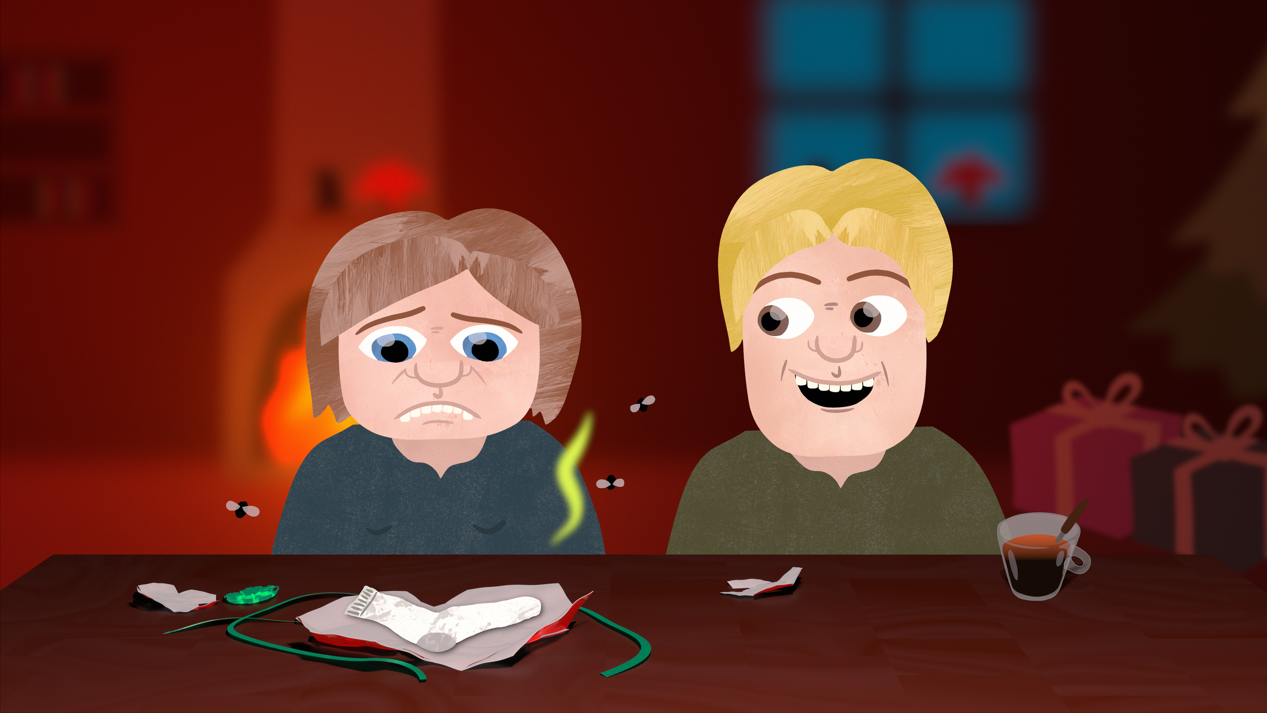 Cartoon illustration of an elderly woman with gray hair and a worried expression and a young man with blond hair smiling, sitting at a table with a burning background, papers, wires, medicine, and a cup of tea.