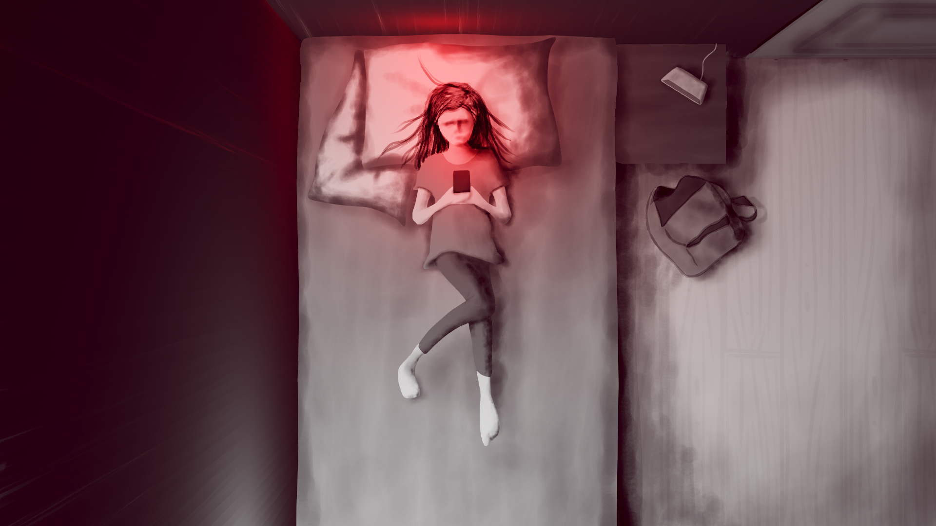 A woman with long hair lying on a bed, holding a smartphone, with a backpack on the floor beside the bed.