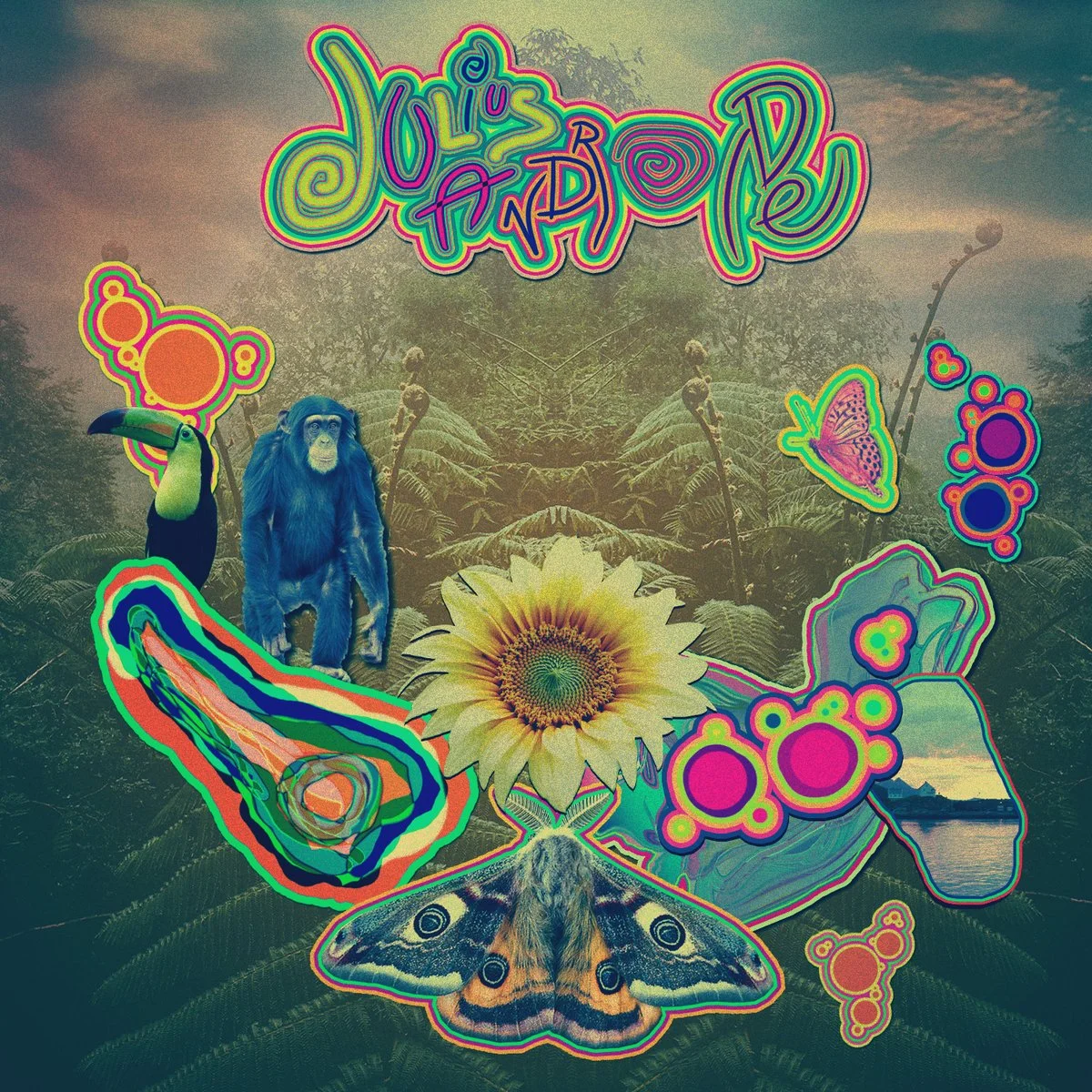 A collage featuring a tropical jungle background with colorful psychedelic illustrations of animals, flowers, and abstract patterns, including a toucan, a blue orangutan, a sunflower, a butterfly, a moth, and various vibrant geometric shapes. The top of the collage has the text "Louie's Funky" in a bright, multicolored style.