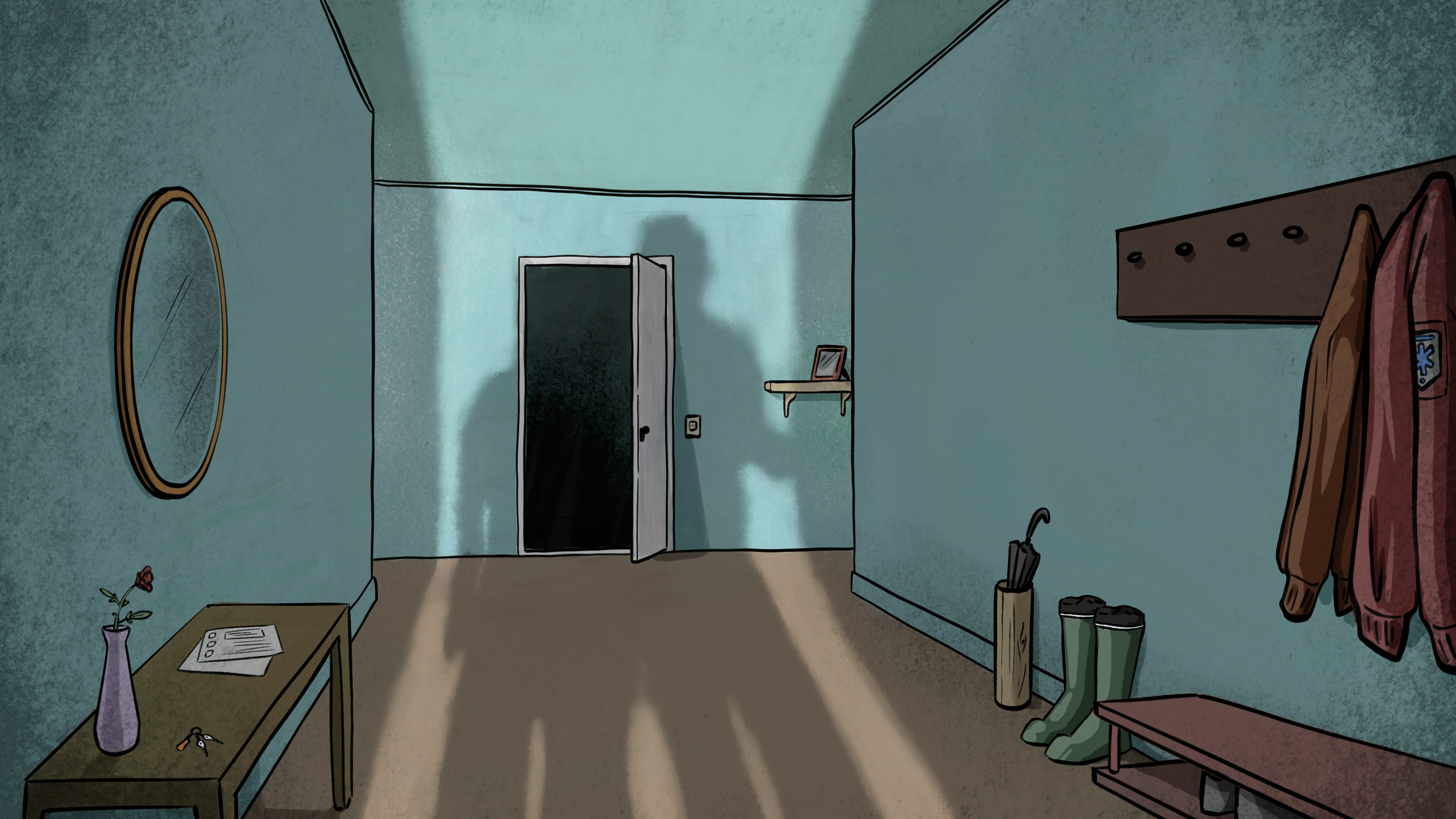 A hallway with teal walls, a round mirror on the left, a small table with a flower vase and papers, an open door leading to a dark room, a shelf with a framed photo, and a coat rack with hanging clothes on the right. There are rain boots and umbrella
