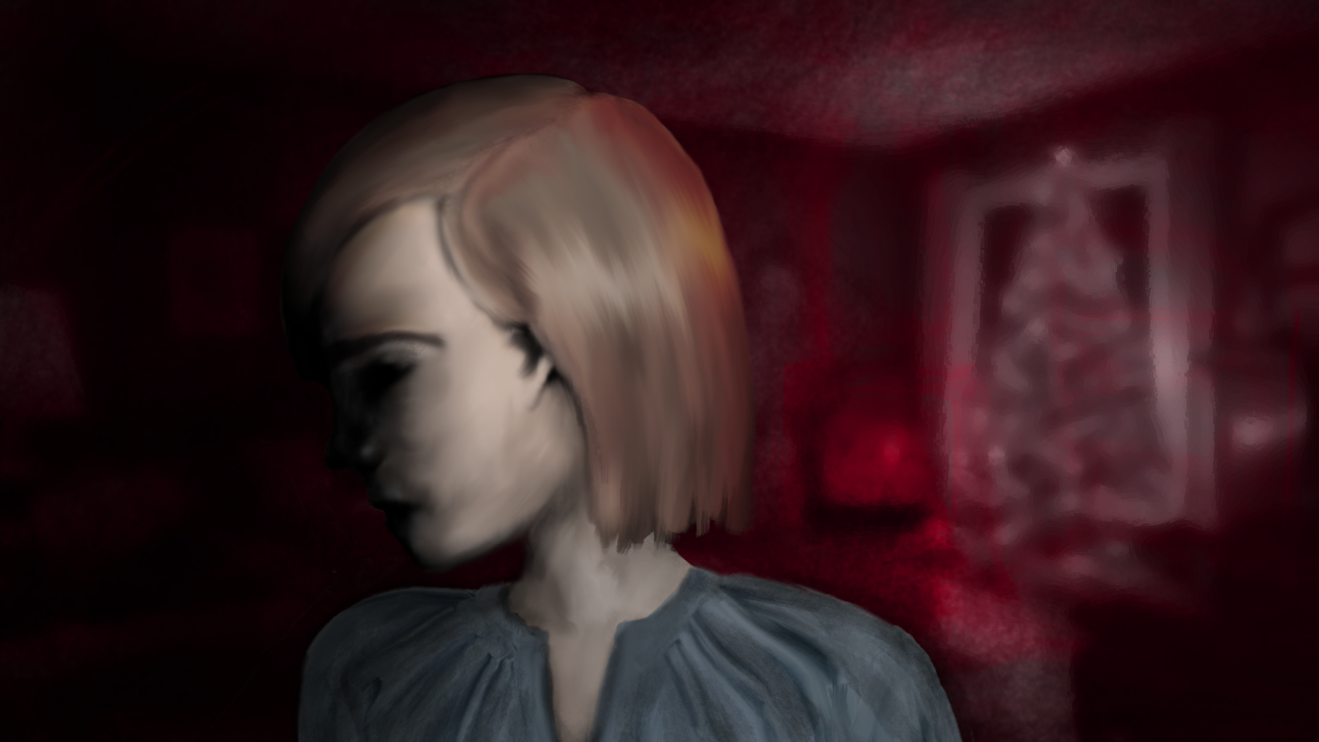 Digital painting of a woman with short blonde hair, her eyes closed, wearing a dark shirt, with a red and dark background featuring a distorted face and abstract shapes.
