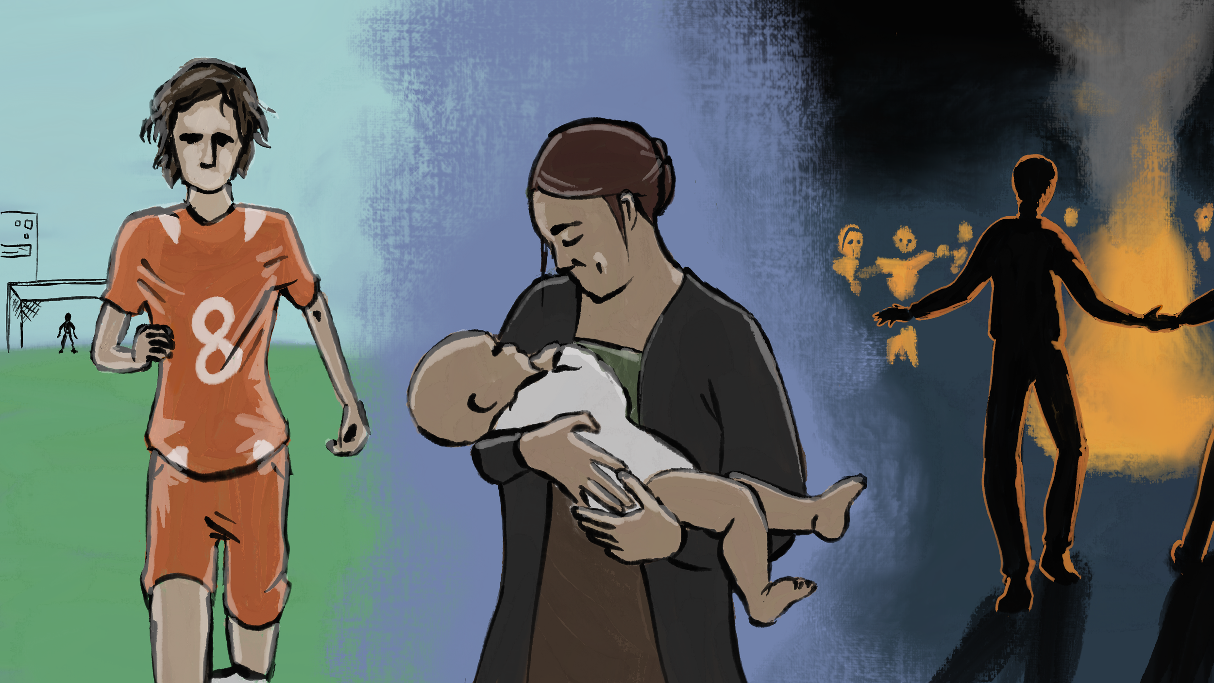 Illustration of a woman in sports attire walking on a field, a person holding a baby, and a silhouette of a person with outstretched arms against a dark background with a crowd.