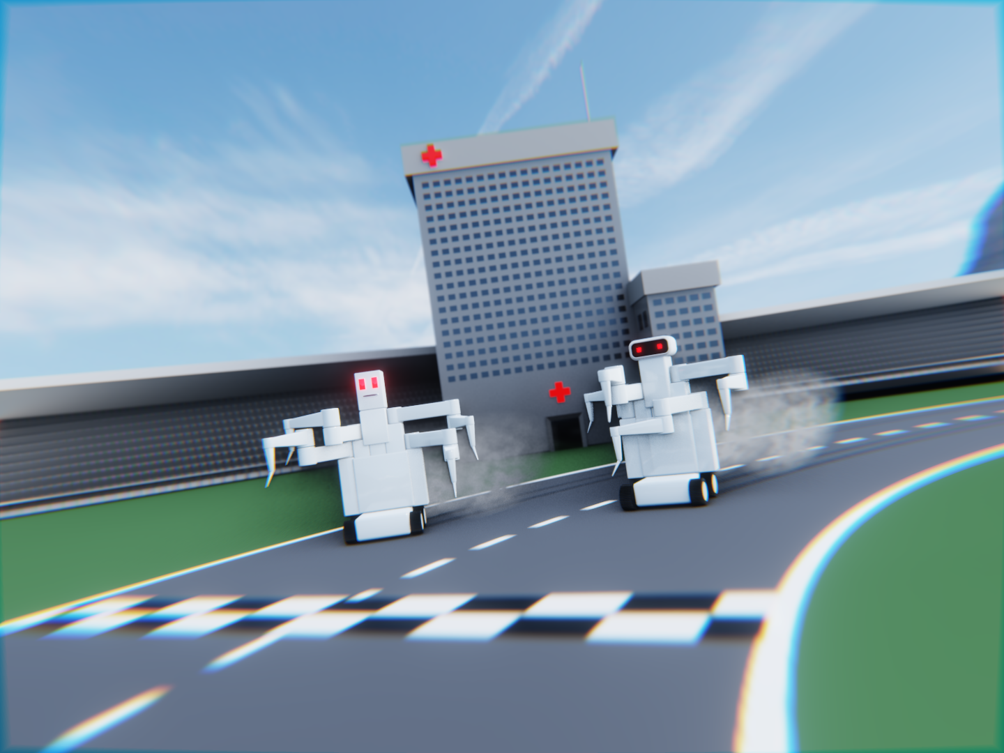 Two robotic cars at a racing start line in front of a hospital building, with a checkered race track, under a blue sky.