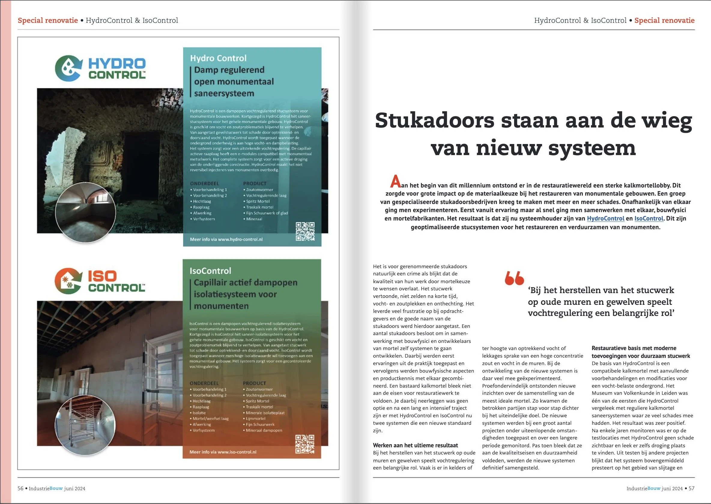 Two-page magazine article with the title in Dutch and English, discussing a new dampproofing system for monuments named HydroControl and IsoControl. The left page contains the HydroControl and IsoControl logos, some images of construction work, and detailed technical descriptions including parts like vapor barrier and drainage system. The right page features the headline in large bold text, and the body text explains the historical context, development, and benefits of the system. There are also additional images of a construction interior and architecture.