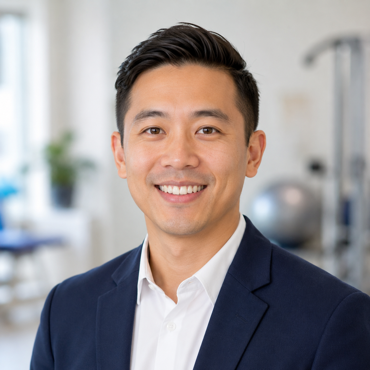Headshot of a smiling young Asian man dressed in a navy blazer and white shirt in an office setting.