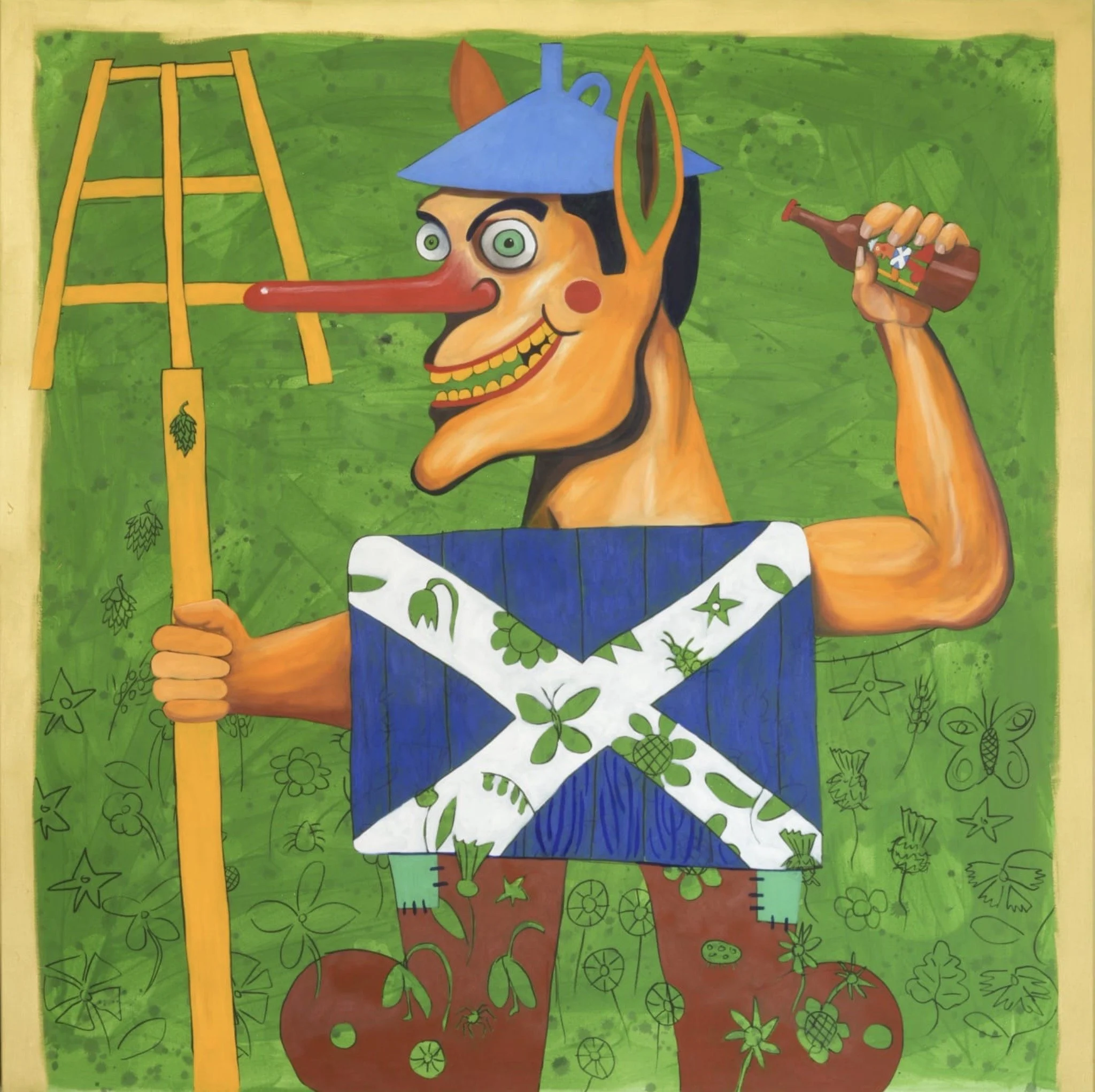 Une illustration colorée d'un personnage avec un chapeau pointu bleu, un long nez rouge, un sourire large et des yeux vifs, tenant une épée. Le personnage porte une tunique bleue avec des motifs verts et est entouré de dessins de petites plantes et d'objets divers sur un fond vert.