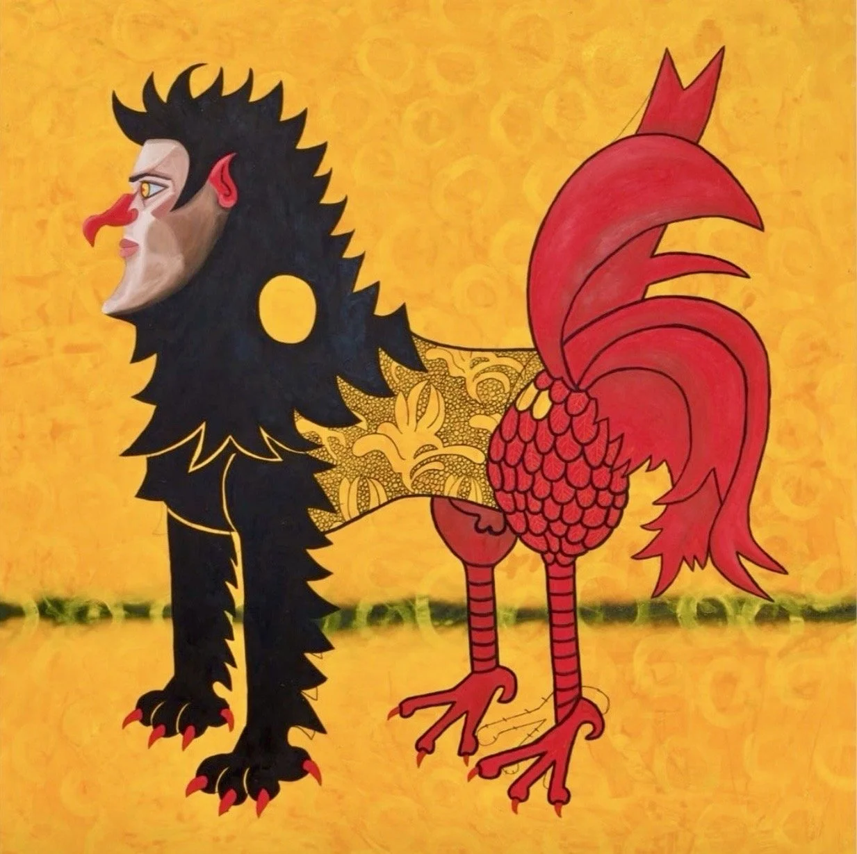 Illustration colorée d'un animal avec la tête d'un lion noir avec une crinière et une face de visage humain, et le corps d'un coq rouge avec une queue en plumes rouges, sur un fond jaune.