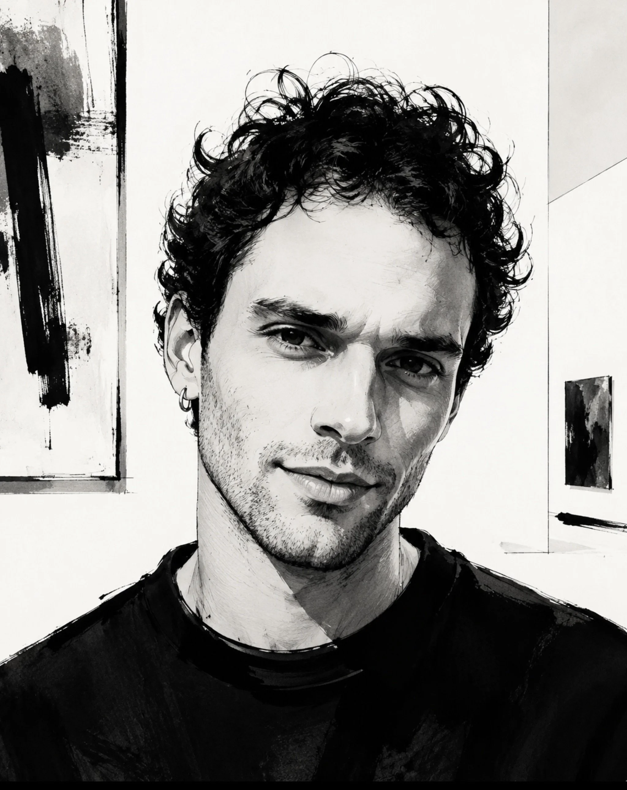 Portrait d'un homme avec des cheveux bouclés, portant un t-shirt noir, photographié dans un style artistique monochrome noir et blanc.