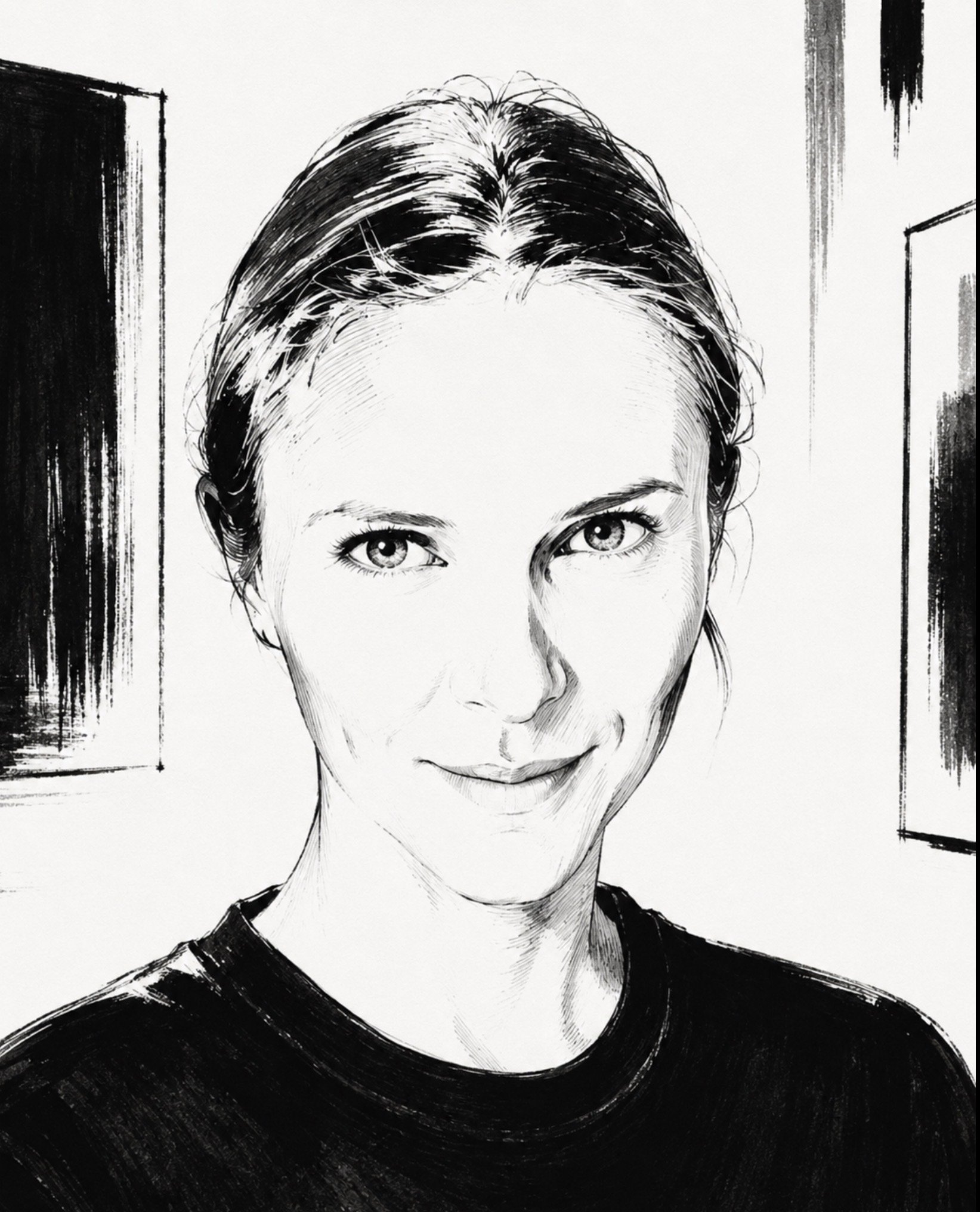 Portrait en noir et blanc d'une femme avec des cheveux courts et un haut noir, dans un style de dessin ou de croquis.