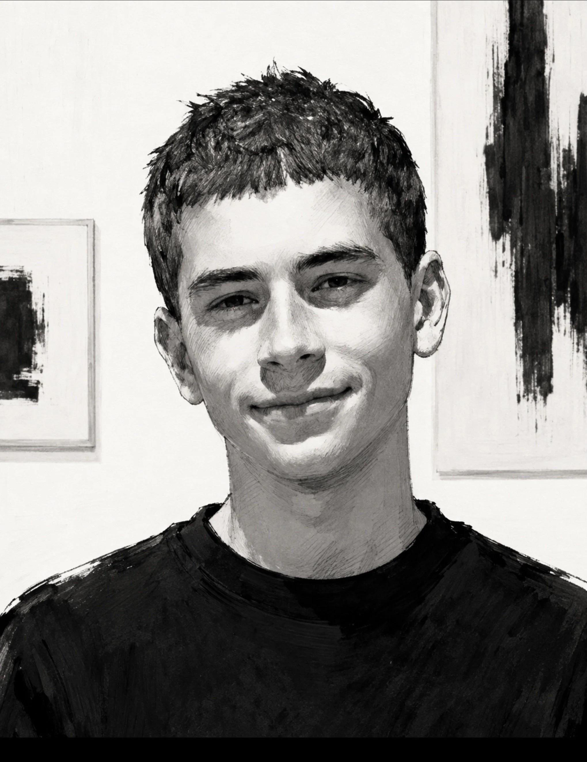 Un portrait en noir et blanc d'un jeune homme souriant, portant un t-shirt noir, avec un fond blanc et des éléments d'art abstrait autour.