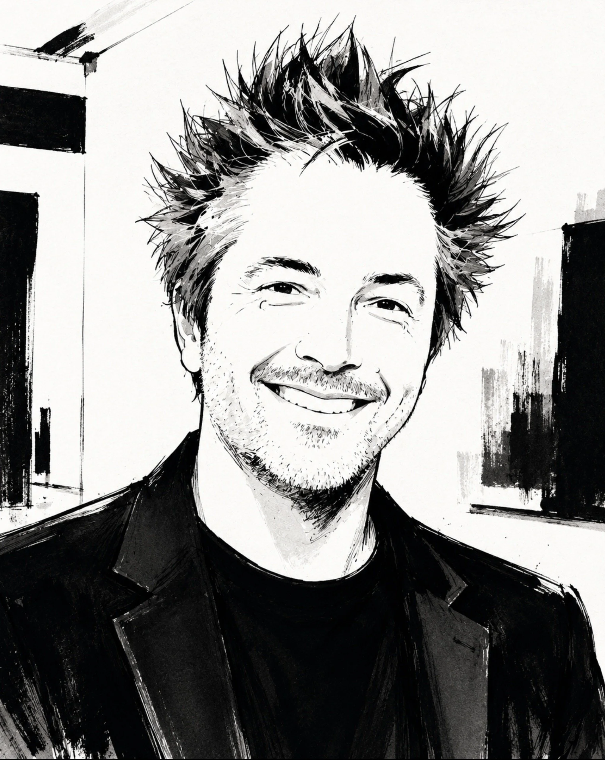 Portrait d’un homme souriant avec des cheveux en épi, en noir et blanc, style dessin ou illustration.
