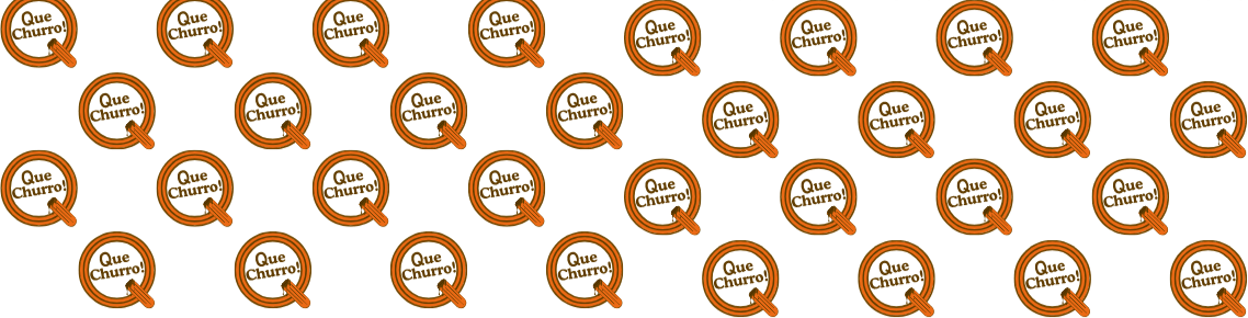 Multiple orange circular stickers with black text reading 'Que Churro!' with a Churro-themed logo on on a transparent background.