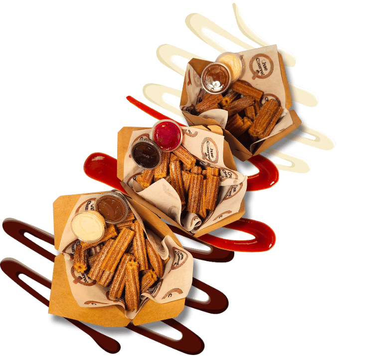Three Que Churro boxes filled with fresh, golden churros and dipping sauces, highlighting our South Texas roots.