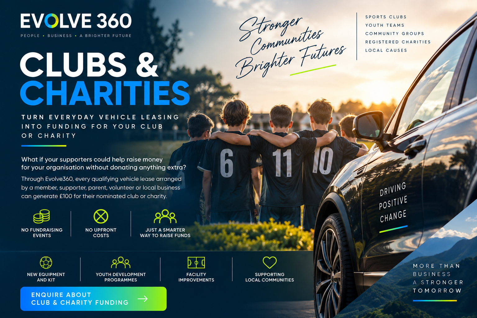 Evolve360 Clubs & Charities vehicle leasing scheme helping sports clubs, football clubs, rugby clubs community organisations and charities generate funding through vehicle leasing.