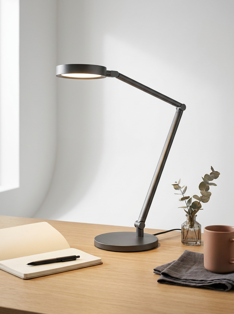 Desk with a modern black adjustable desk lamp, an open notebook with a pen, a small glass vase with eucalyptus, a folded gray cloth, and a pink mug.