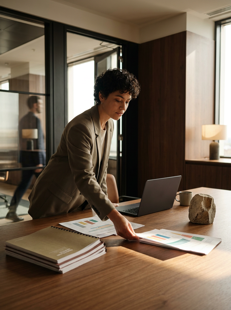 A woman in a tan blazer arranging papers on a wooden conference table in a modern office, with a laptop, coffee mug, large rock decoration, and a stack of notebooks on the table.