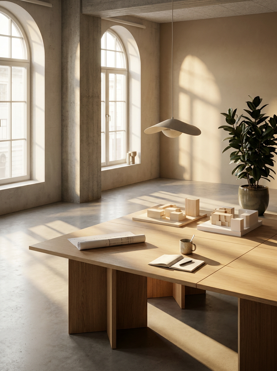 Modern office or studio with large arched windows, a wooden table, architectural models, a potted plant, a cup, a notebook, and a pen, illuminated by natural sunlight.