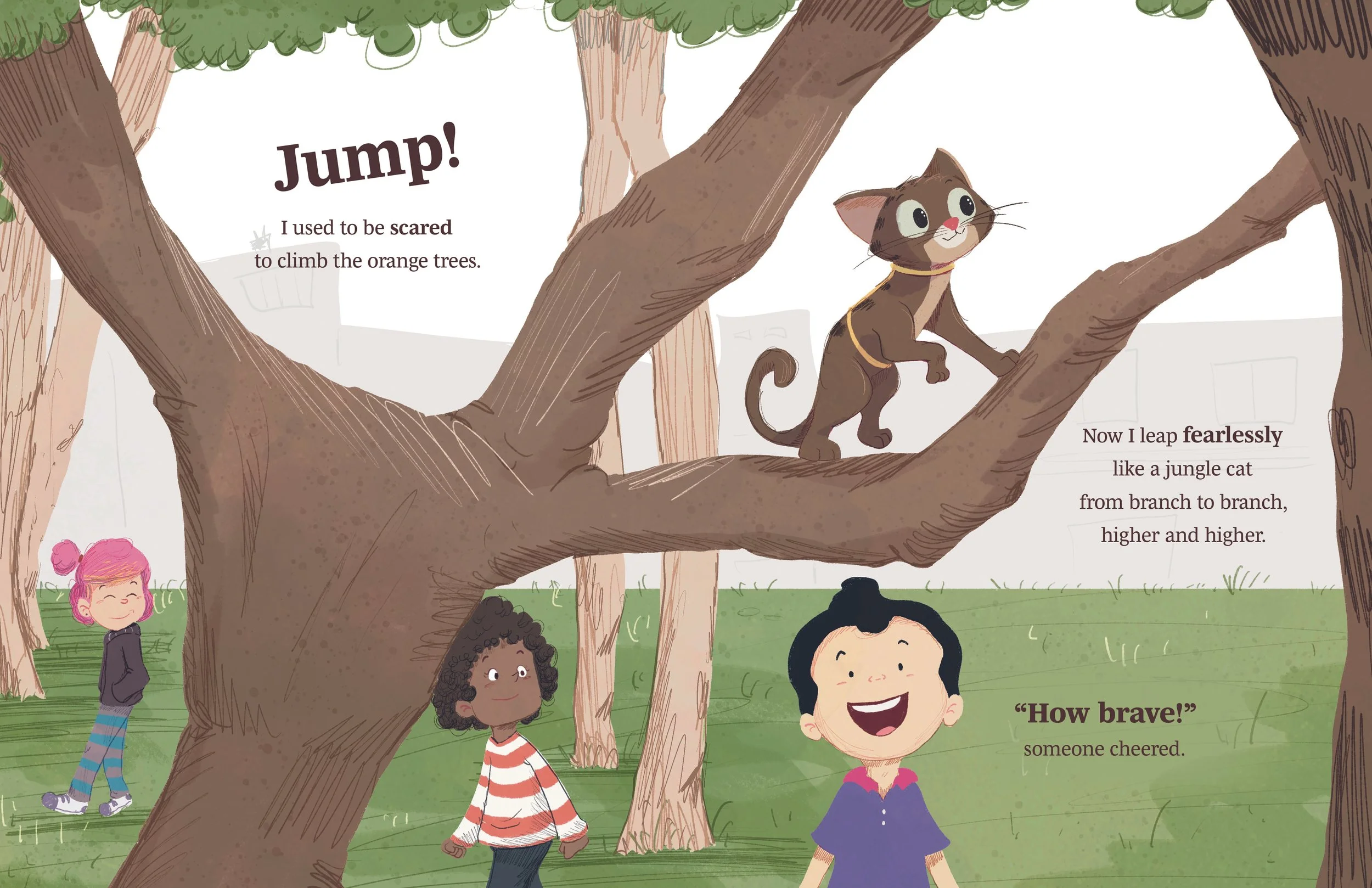 Children smiling and cheering as a jungle cat jumps from tree to tree in a park