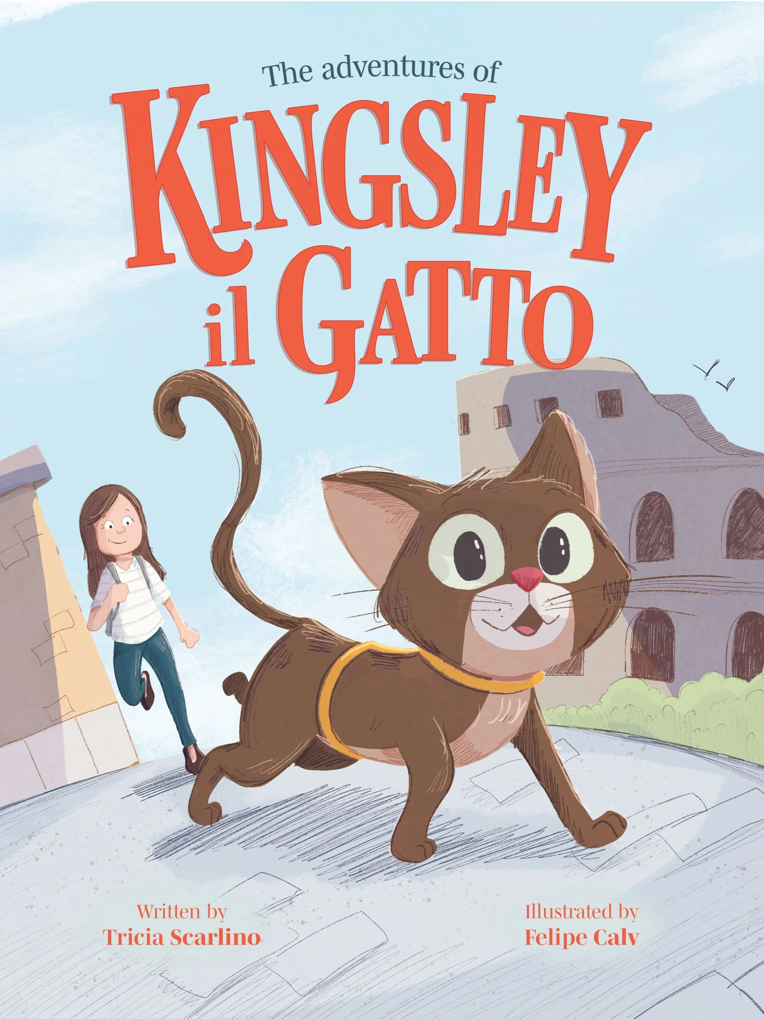 Cover of a children's book titled 'The adventures of Kingsley the Gatto.' The cover features an animated cat named Kingsley in a harness, walking on a sidewalk. Behind him, there is a girl with brown hair, wearing a striped shirt, and a cityscape with buildings and a blue sky with clouds.