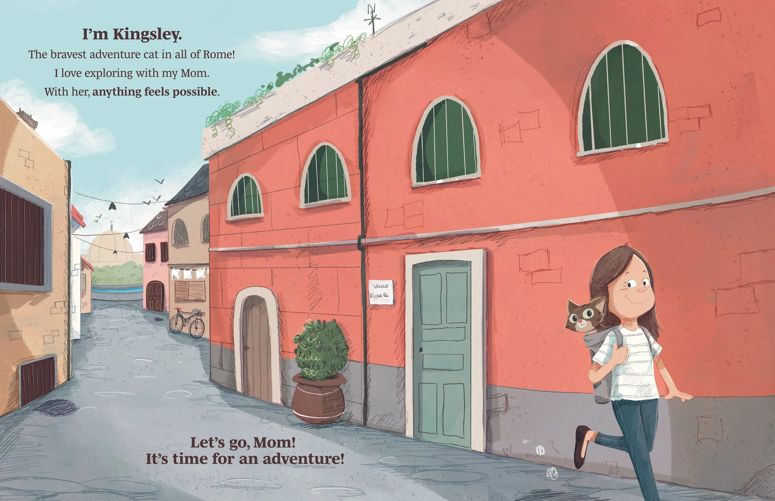 Illustration of a girl with a small adventure cat on her shoulder walking through a colorful Italian street with buildings, a bicycle, and a potted plant. The scene celebrates exploring Rome with her mother.