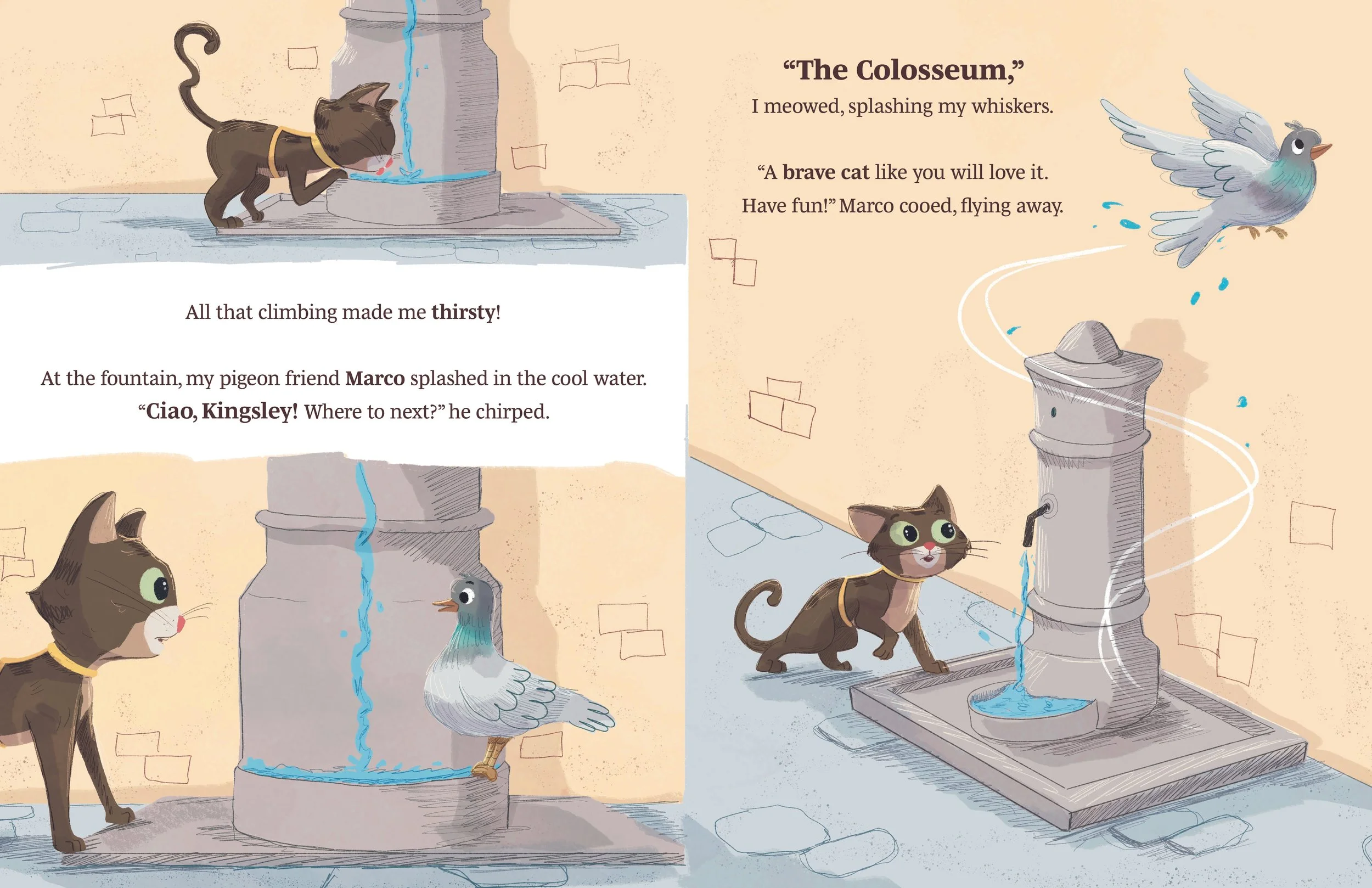 An illustrated scene from a children's storybook featuring a black cat with a yellow collar drinking water from a fountain, a white pigeon flying nearby, and a gray cat with big green eyes looking at the fountain. The background has soft pastel colors and a castle-like setting with brick walls.