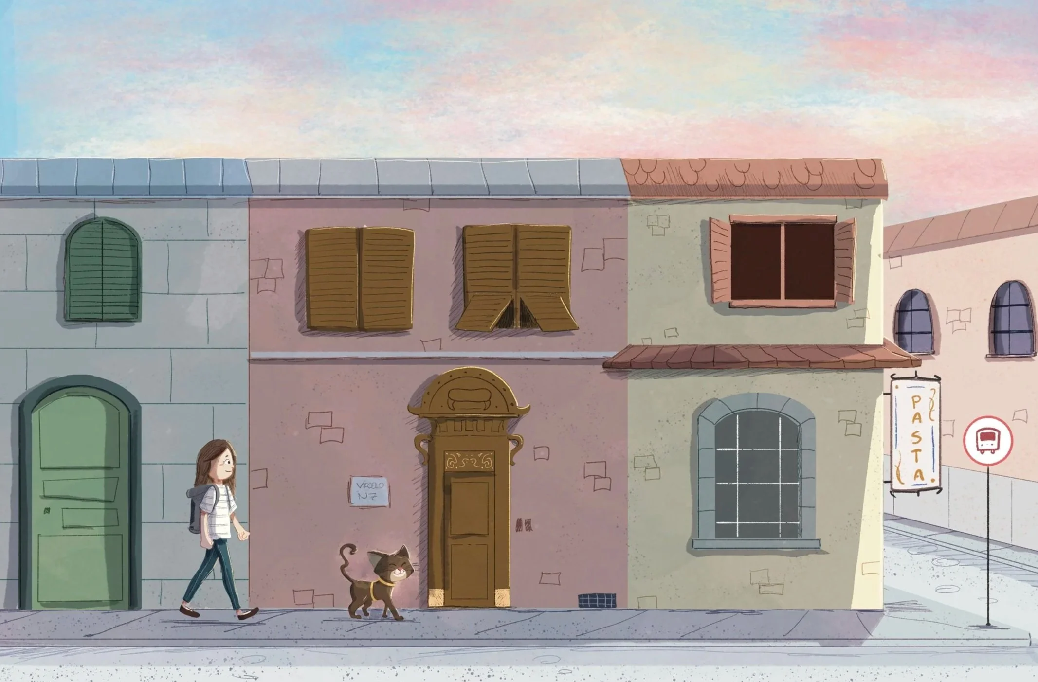 A colorful illustration of a city street with buildings, windows, and a girl walking her dog. The sky is pastel-colored, and there's a street sign with the word 'Pasta.'