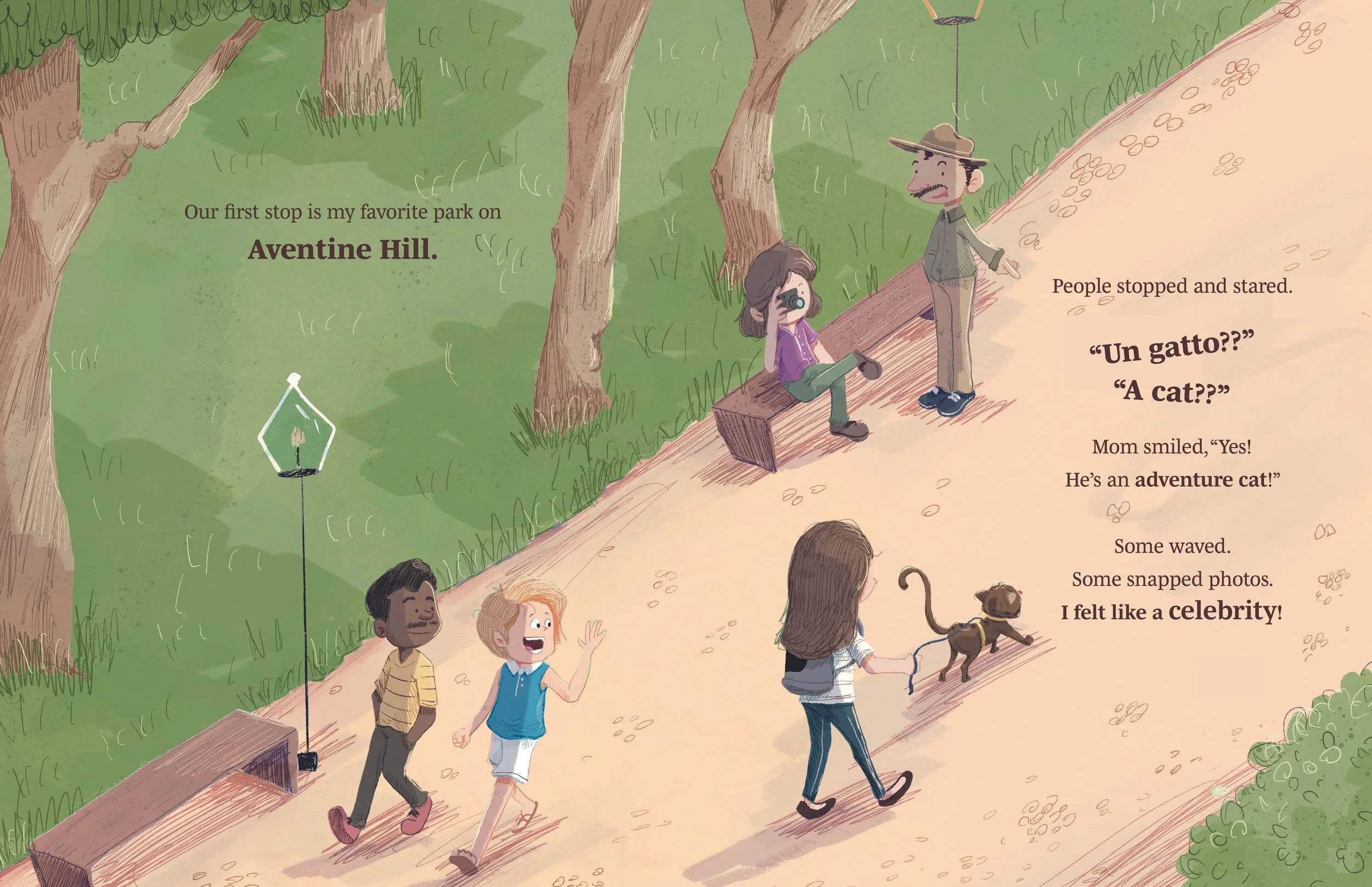 Children walking on a path in a park with trees and a lamppost, accompanied by a small dog on a leash, while a man and a woman sit on a bench taking photos.